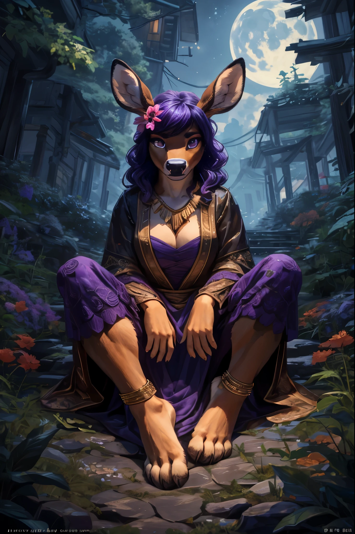 (((Barefoot furry character, full body, cinematic setting, furry female, plantigrade, wears anklets))) graceful and enigmatic ((deer)) anthro with deep ((purple fur)) and captivating ((violet eyes)). Dressed in flowing, dark robes with belladonna flower motifs. The figure sits barefoot and showing ((nice feet soles)) in a moonlit forest surrounded by eerie nightshade plants, with ripe berries and ethereal moonlight casting shadows. The atmosphere evokes mystery and danger. BREAK, detailed background, 8K, (masterpiece:1.5), intricate details, highly detailed, extreme detail, octane render, fine art, best quality, highres, (detailed face:1.5), ((full_body)), UHD, (((perfect hands))), low light, (((SFW))), (((five toes on feet))), (((perfect feet)))