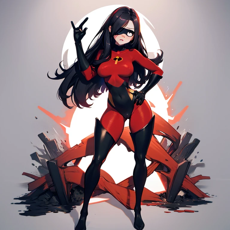 (full body),masterpiece, highest quality, (One girl), Violet Par, Eye mask，Long Hair, Black Hair,  Hair on one eye,  (Red hero suit)，Red bodysuit，black elbow gloves，Black Thigh Boots，Thick thighs，Put your hands on your hips，Spread your legs，View your viewers, Face to endure humiliation, Simple Background 