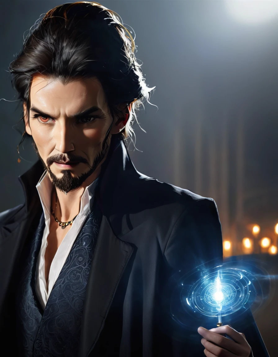 Realistic detail, photo 8K un sorcier Ressemblant physiquement au docteur Strange, sans plagiat, et le visage du sorcier ne doit pas lui ressembler avec un monde magique avec le symbole de la magie weeca