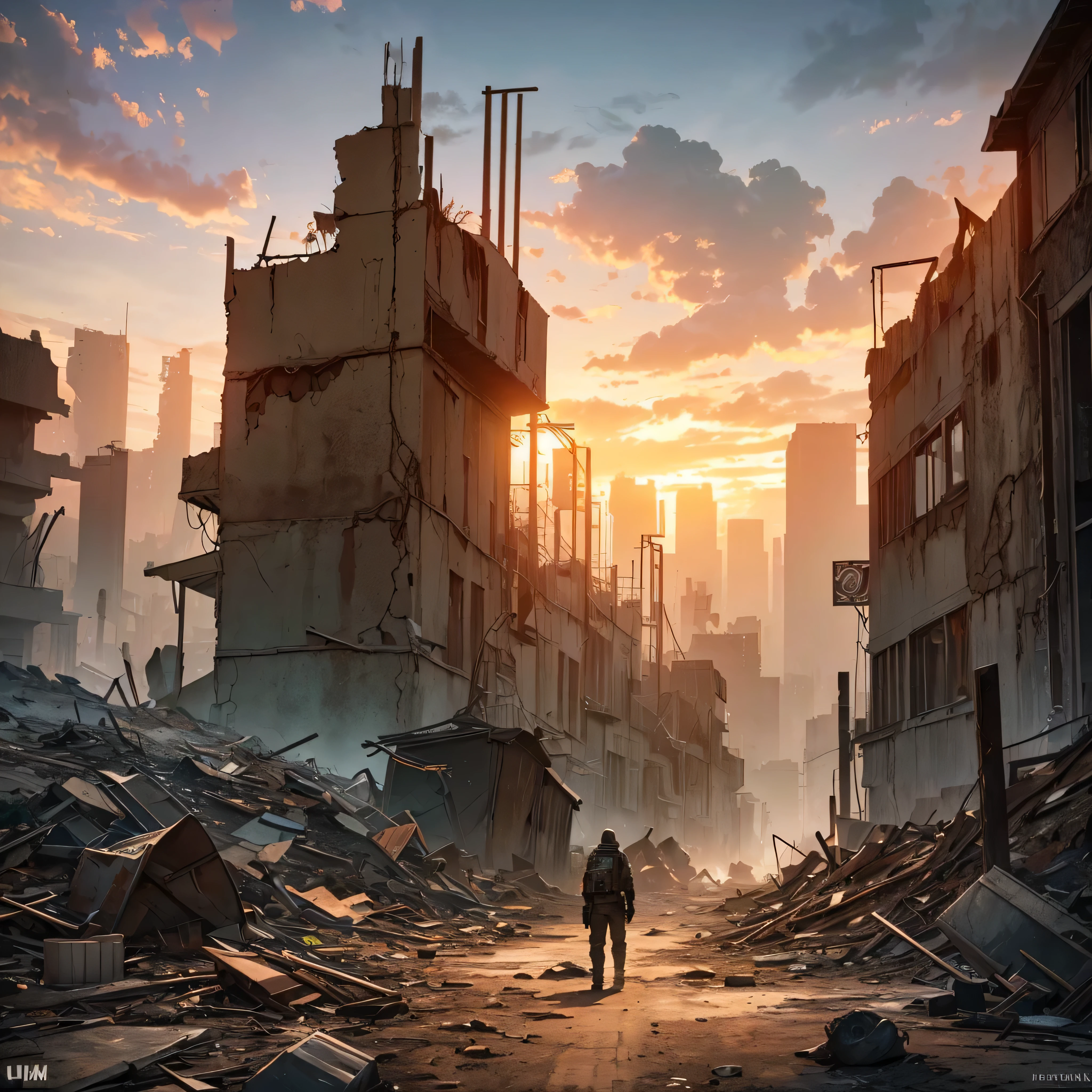 (Post-apocalyptic wasteland, atmosfera desolada, dystopian landscape), postmodern wasteland, (um sobrevivente:1.4), flame, (8k, Fotos RAW, melhor qualidade, obra de arte, realista, photograph realista:1.2)
