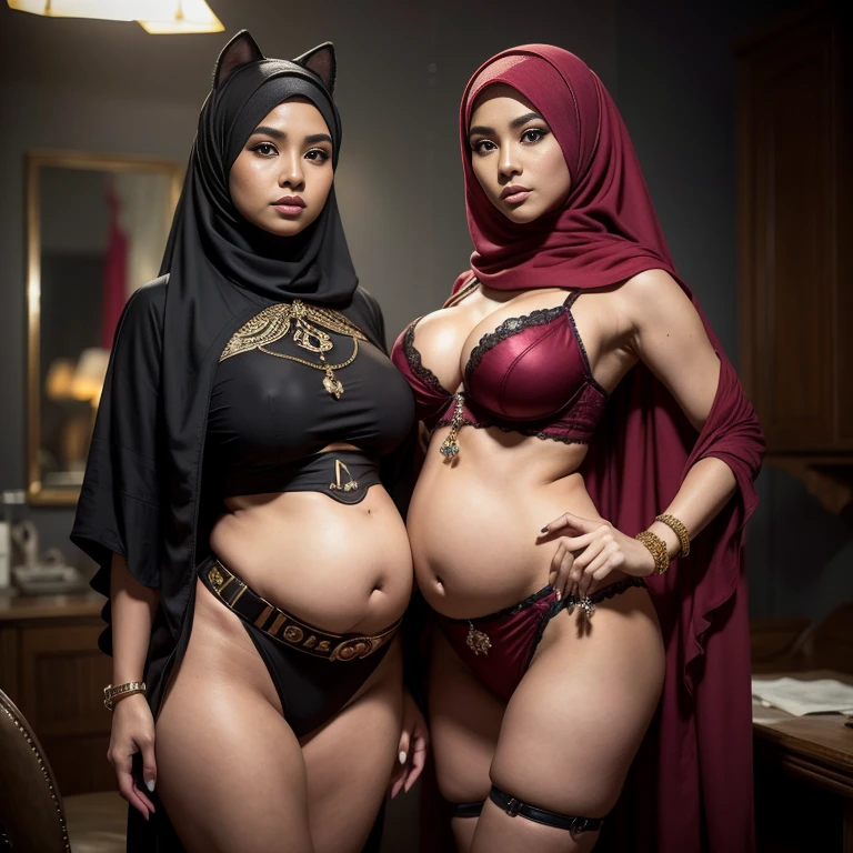 Two:2 Hijab Malaysian girls pregnant 9 ,Largest Baby Bump pregnant, Largest , Big pregnant Belly, Big Pregnant girl, Largest Belly of Pregnant, Beautiful woman, beautiful face, pregnant, long hair, black hair, realistic, ultra-detailed, big breast, malay, The whole body consists of a young girl with hijab, Eye makeup, 21yo, Cat ears, Soft lighting, groups, Wear shabby clothes, Dirty, Tattered futuristic military uniform, Cat's paw badge, Pose, spot color, rendering by octane, Ultra-realistic intricate details, big breasts, big breasts, big breasts, two MAPAY women in lingerie posing for a picture in a room, oppai, posing together in bra, MIRA FILZAH and IMAN TAYORE, red bra, all red, oppai proportions, sexy :8, 4k], 4 k ], big breasts!, bottom angle, big breasts!!, Malay beauties, biomechanical oppai, fujita goro and jones, thicc, wearing hijab, hijab star, hijab gorgeous, hijab super model, Malaysian girls group,malay, The whole body consists of a young girl with hijab, Eye makeup, 21yo, Cat ears, Soft lighting, group, Wear shabby clothes, Dirty, Tattered futuristic bikini, Cat's paw badge, Pose, spot color, rendering by octane, Ultra-realistic intricate details, Cinematic, 8K resolution, 70mm, emphasis lighting, Global illumination, Full body portrait, clean detailed faces, Complex clothing, Cute face,  (((wearing a Sexy belt design by LV))) Surreal full-body figure, Beautiful and delicate body and face, gorgeous figure, ssmile, Titillating，Surreal full-body figure，Beautiful and detailed body and face, Super vista, White skin of the, vivd colour,🔥8k, masterpiece, RAW photo, best quality, (18k detail:1.2), photorealistic, extremely, deep shadow, earrings, bracelets, necklace,