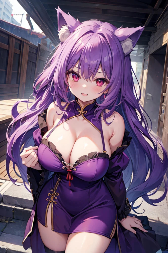 Wolf Girl, Large Breasts, Voluminous purple hair, masterpiece , Red eyes, hd, Thick thighs, Head to Chest, buried in my chest、Double teeth、tooth、Chubby、Grinning、Mini Chinese Dress、Big cleavage、Show your side