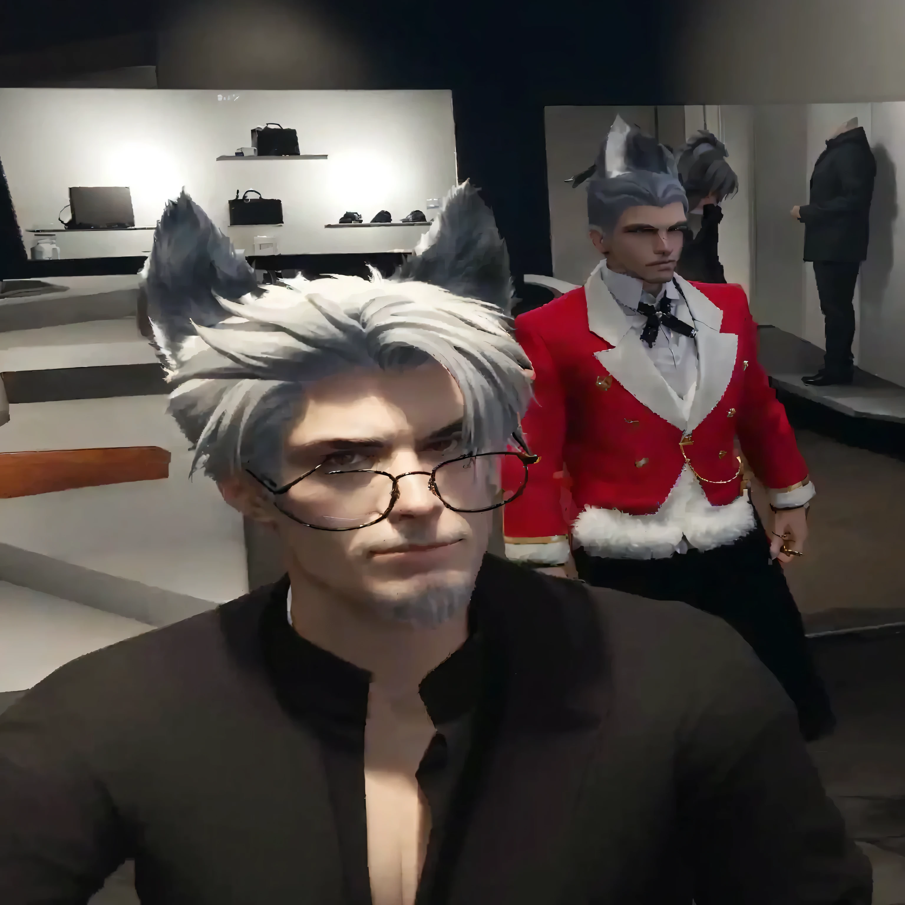 there are two room with a mirror and a table, saints row fursuit tails mod, xqc, dressed in expensive clothes, inspired by Caspar Wolf, he has dark grey hairs, as a character from gtav, in game, fashion gameplay screenshot, fursona wearing stylish clothes, twitch streamer / gamer ludwig, wearing fancy clothes