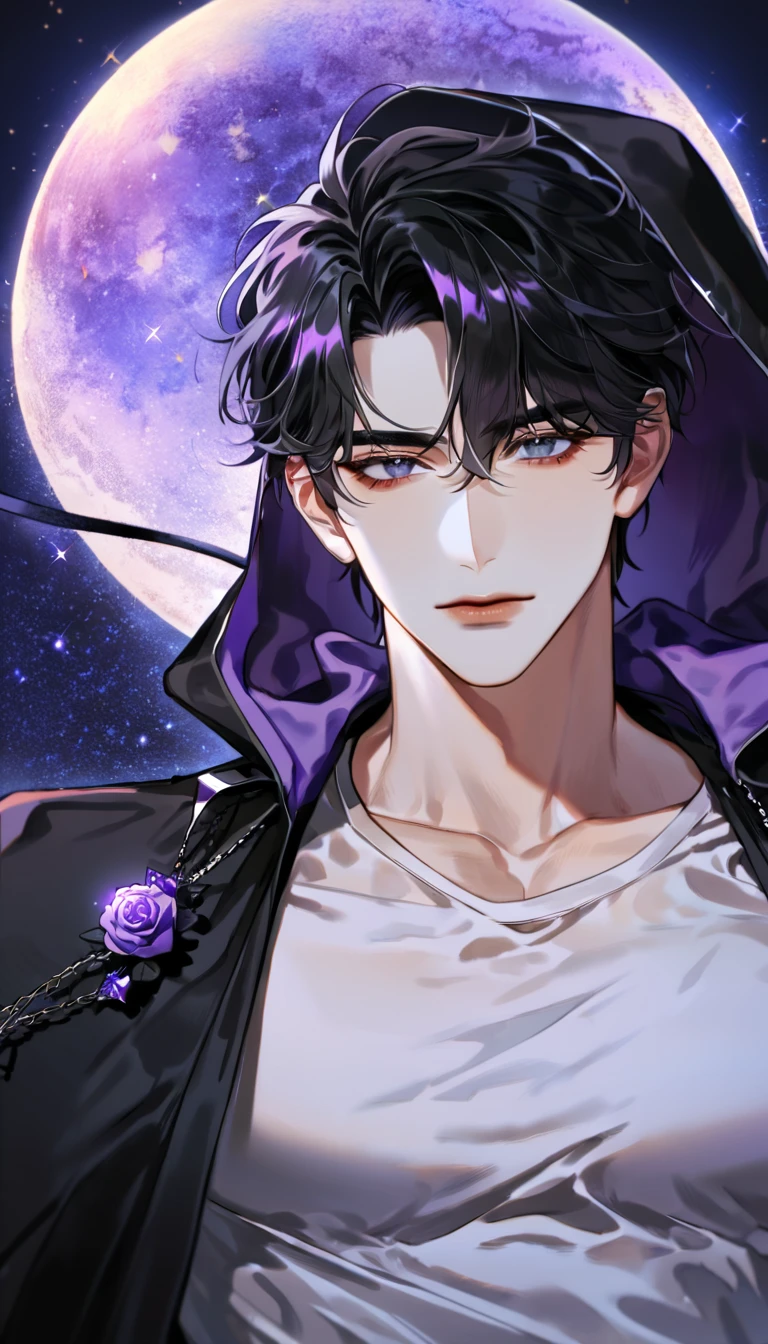 (absurdres, highres, ultra detailed, HDR) master piece, best quality, perfect face, delicate features, Yoo Joonghyuk, black hair, expressive gray eyes, Omniscient reader's viewpoint, solo, sexy man, handsome, black cape with a hood, black tight shirt, moon, purple flames, purple butterflies, purple roses, starry sky