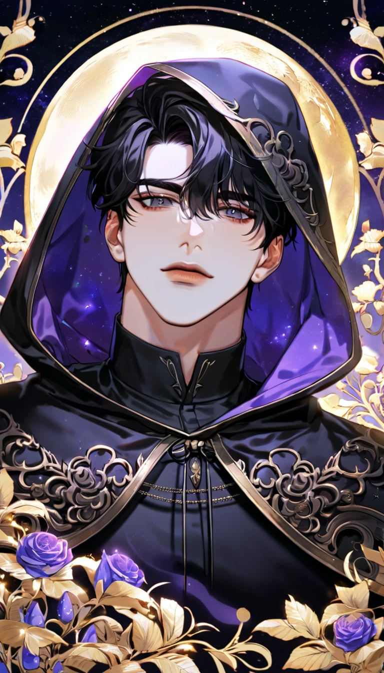 (absurdres, highres, ultra detailed, HDR) master piece, best quality, perfect face, delicate features, Yoo Joonghyuk, black hair, expressive gray eyes, Omniscient reader's viewpoint, solo, sexy man, handsome, black cape with a hood, black tight shirt, moon, purple flames, purple butterflies, purple roses, starry sky
