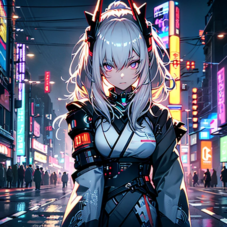 full body of a girl, White hair, Long hair, Orange and White Parker, White boots, shorts, futuristic city, Neon, 最好的质量Cyberpunk city, (cyborg body:1.2), Perfect face, extremely detailed eyes, (Upper Body:1.2), (kimono:1.3) Dystopia, glowing Neon, SFW, The city is in (night:1.3), Cyberpunk city street, Cyberpunk, night, Neon,Ink style