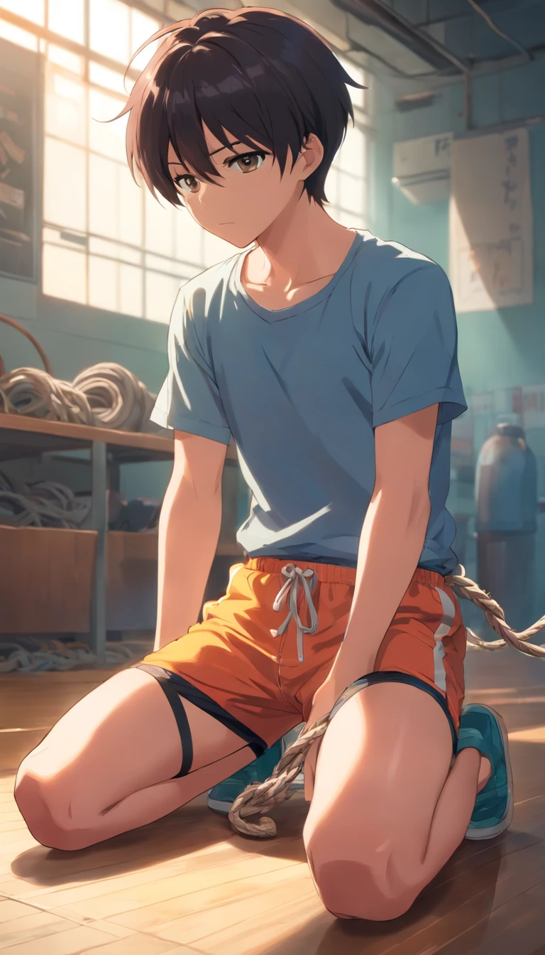 Boys shorts Hands tied behind back, restraint, short hair Rope abandonment punishment full bondage Bondage Gym shorts Being made to sit on the floor