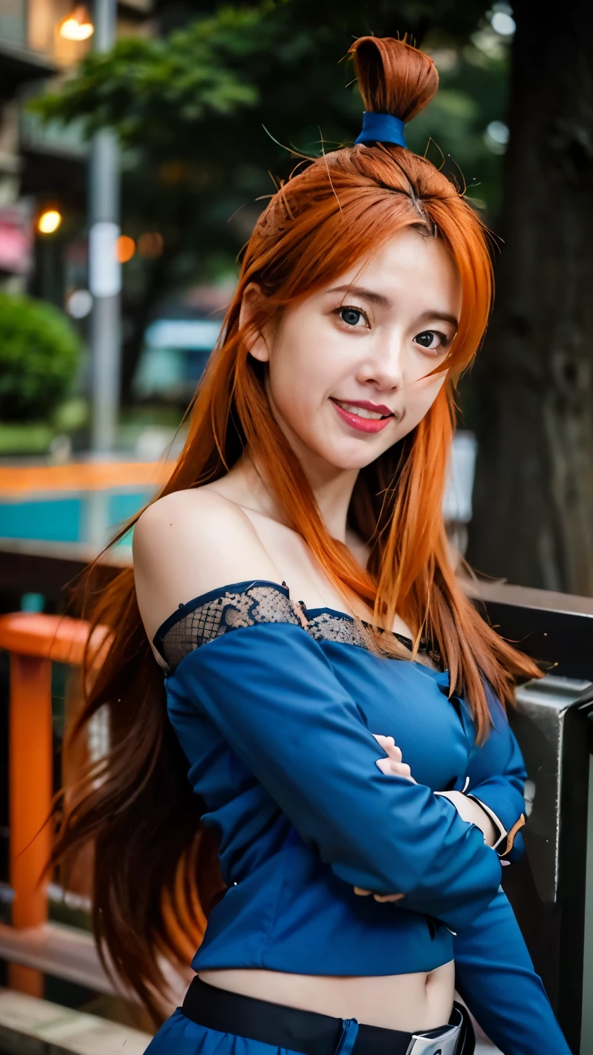 (female,anime,Anime Shippuden,Mei Terumi:1.1),(long hair,orange hair),(green eyes,beautiful detailed eyes,realistic eyes:1.1),(smile,beautiful detailed smile:1.1),(blue clothes,realistic clothes),(city background,urban scenery),(ultra detail,extremely detailed:1.2),(realistic,photorealistic:1.37),(red lips,vivid red lips)