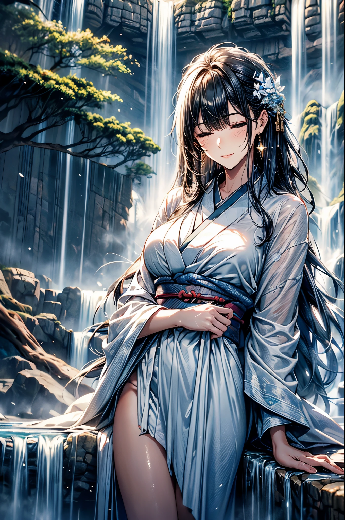 1 lady only, (within waterfall:1.55), (/stand up in water, /Sit in the water), (washed by waterfall:1.37), (get wet, Wet hair), (kimono:1.37), (Pure white robe:1.3), Mature female, /Black Hair, /silver hair, (Straight Bangs), Light blush, (/Close your eyes, /Half-closed eyes), (Masterpiece Best Quality:1.2), Exquisite illustrations, Rich in details, Large Breasts, BREAK, (Inside the waterfall), outdoor, Holy Land, Ancient trees, splash, water, rock, (Waterfall sparkle in the sunlight), (waterfall falls on head:1.37), Penance in the waterfall, Detailed background, layer cut, endured face, Depth of Field, Bokeh, cowboy shot, super detail, best quality, anatomically correct, UHD