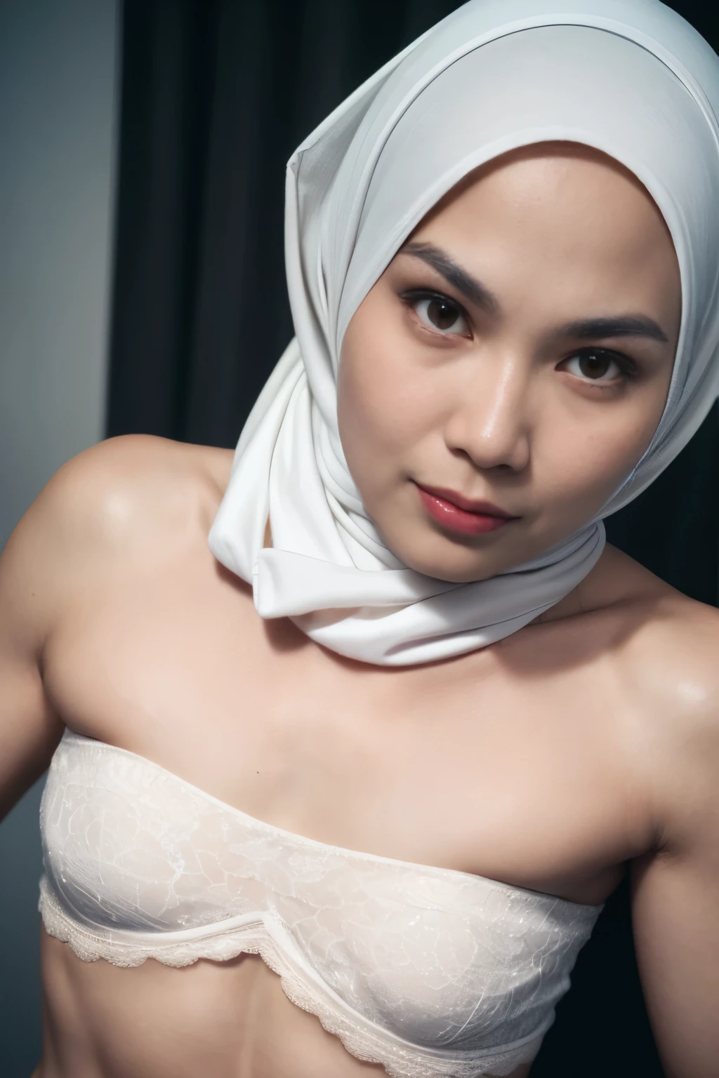 ((SHORT HIJAB)), ((Flat chest:1.7)), (dynamic photograph of a 58 year old Indonesian woman), (slim top, cotton panties), (straight non curly hair), (highly detailed face:1.4), (vascular muscles and abs:1.3), (background inside light, bright, private gym:1.1), (8k, uhd, dslr, high quality, cinematic lighting, bokeh), (dramatic, award winning photography, incredible masterpiece:1.3), (((sexy sultry stare at camera:0.8))), close up, ((she is ready to dominate you:0.5)), ((beautiful feminine face)) (she is a champion MMA fighter), add_detail:1, ((Wearing strapless pastel)) lace white & white , from behind view, seductive pose 