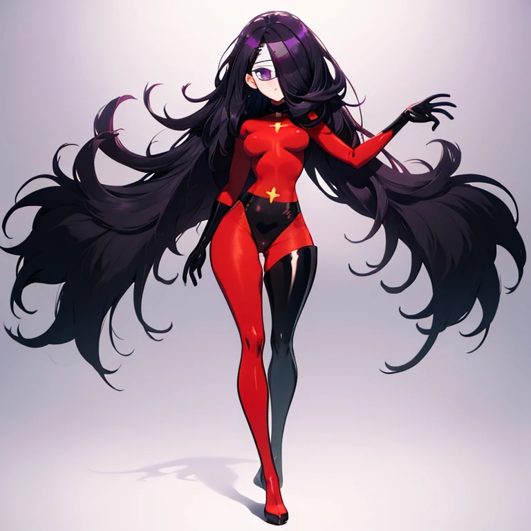 (full body),masterpiece, highest quality, (One girl), Violet Par, Eye mask，Long Hair, Black Hair,  Purple eyes，Hair on one eye,  (Red hero suit)，Red bodysuit，black elbow gloves，Black Thigh Boots，Thick thighs，Put your hands on your hips，Spread your legs，View your viewers, Face to endure humiliation, Simple Background 