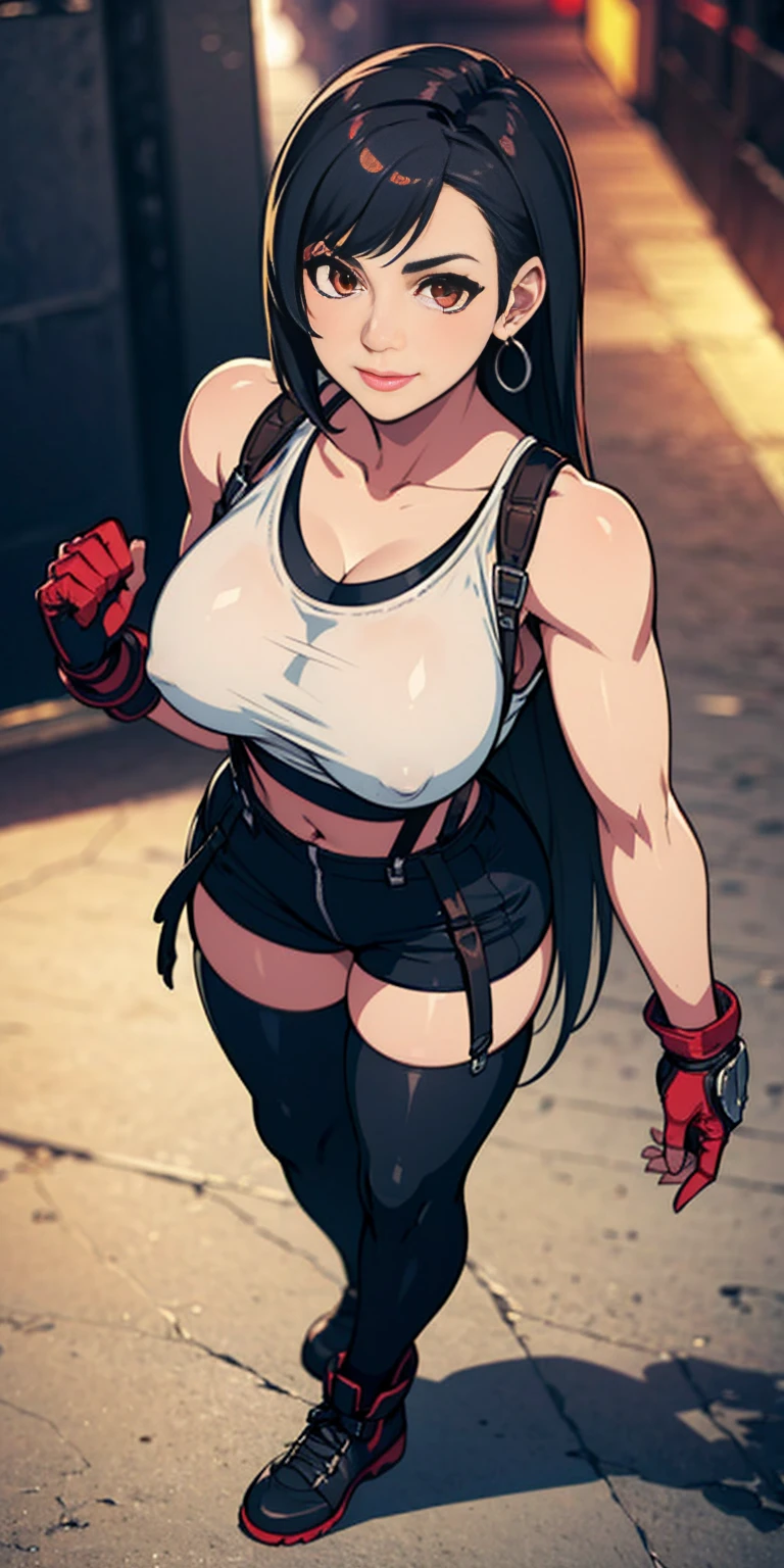 (8k, best quality, masterpiece:1.2) (realistic, photo-realistic:1.37) (full body) 1female solo girl, standing, legs apart (wide stance) standing contrapposto, ultra-detailed, cute (Tifa Lockhart) (large breasts:1.5) (beautiful detailed eyes) (smile:1.2) (closed mouth) sharp focus, depth of field, good composition, Final Fantasy VII, very long straight hair, hair bang ((red_eyes)), intricate, bokeh (Tetsuya Nomura style) perfect breasts, white tank top, black thong, suspenders, gloves, stockings, toned body, athletic, wide hips, thin waist, toned arms, exposed abdomen, view from behind