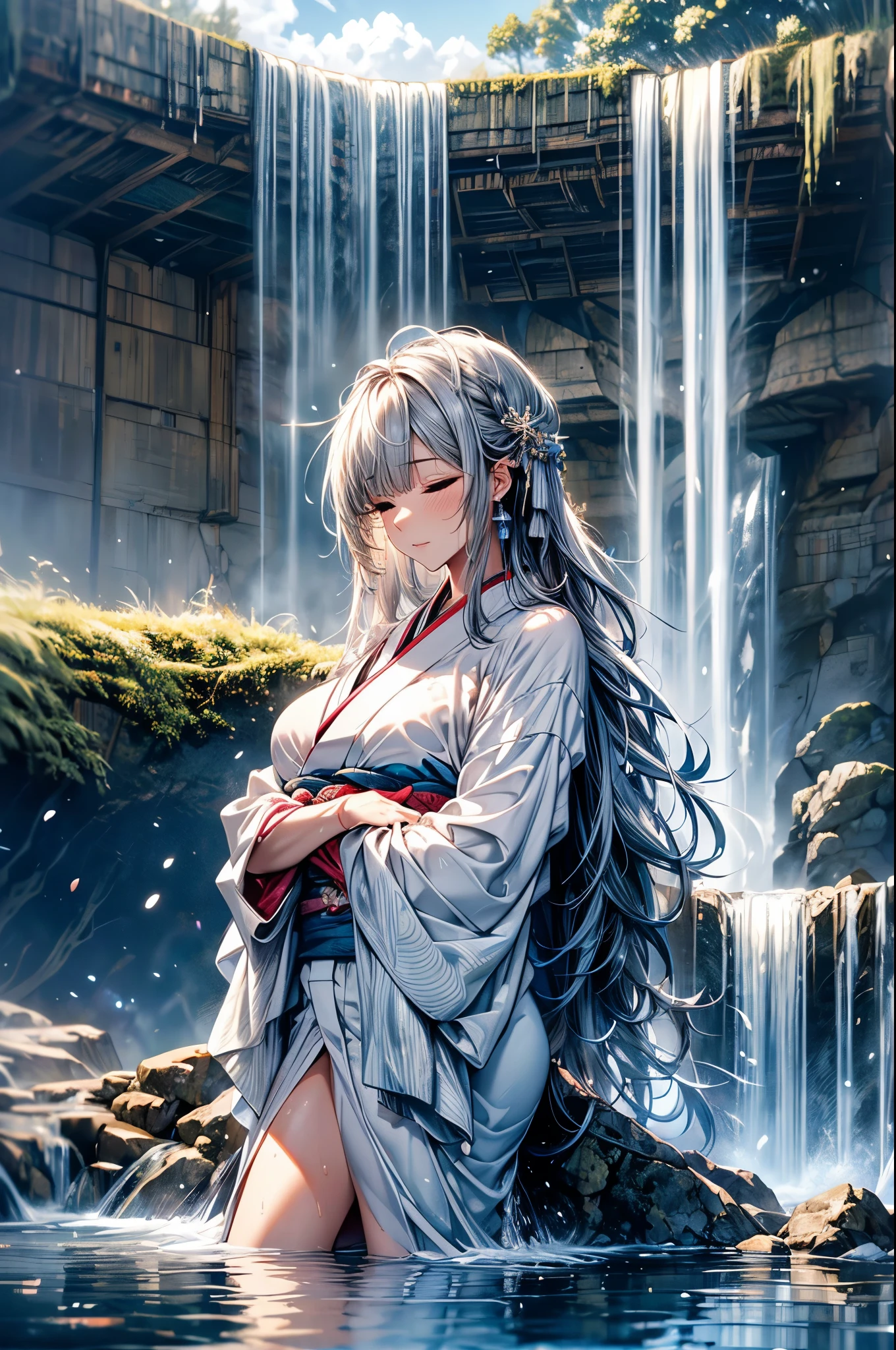 1 lady only, (within waterfall:1.55), (/stand up in water, /Sit in the water), (washed by waterfall:1.37), (get wet, Wet hair), (kimono:1.37), (Pure white robe:1.3), Mature female, /Black Hair, /silver hair, (Straight Bangs), Light blush, (/Close your eyes, /Half-closed eyes), (Masterpiece Best Quality:1.2), Exquisite illustrations, Rich in details, Large Breasts, BREAK, (Inside the waterfall), outdoor, Holy Land, Ancient trees, splash, water, rock, (Waterfall sparkle in the sunlight), (waterfall falls on head:1.37), Penance in the waterfall, Detailed background, layer cut, endured face, Depth of Field, Bokeh, cowboy shot, super detail, best quality, anatomically correct, UHD