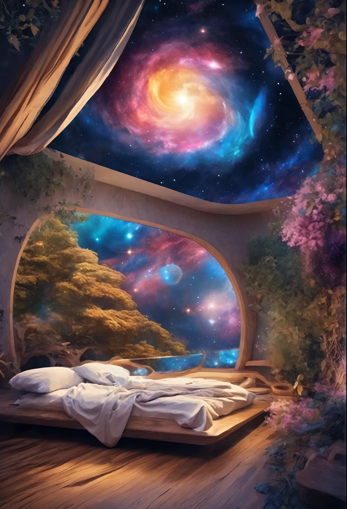 a woman dreaming in a beautiful galaxy,cores suaves e surreais,(melhor qualidade,4K,high resolution:1.2),ultra-detalhado,estilo impressionista,night sky full of stars,atmosfera sonhadora,suave luar,Cosmic Patterns,ambiente tranquilo,Subtle transitions,beleza sublime,ambiente de sonho,Serenidade tranquila,dormindo pacificamente em sua cama aconchegante,tranquil and otherworldly setting,sublime heavenly scenery,Serene and ethereal,jornada subconsciente,cosmic inspiration,cores vibrantes e cativantes,dreamlike abstraction,magical and mesmerizing vision,deep sense of wonder and awe,lucid dreaming,galactic dream landscape,relaxing and introspective experience,estrelas luminosas brilhando intensamente,happy state of mind,ambiente relaxante e relaxante,sussurros do universo,misterioso e encantador,apenas se afastando.