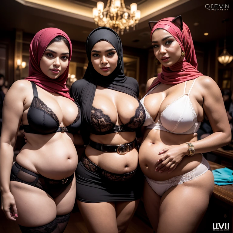(((wearing a Sexy belt design by LV))) Setting background: 2 beverage cart, Hijab woman in a bar, night, LED Light, Blue LED, night, , Drinks 5 euros, Hijab Girls is drinking, Two:2 colourful red, pink, Bleu, green Hijab Malaysian girls pregnant 9 month,Largest Baby Bump pregnant, Largest , Big pregnant Belly, Big Pregnant girl, Largest Belly of Pregnant, Beautiful woman, beautiful face, pregnant, long hair, black hair, realistic, ultra-detailed, big breast, malay, The whole body consists of a young girl with hijab, Eye makeup, 21yo, Cat ears, Soft lighting, groups, Wear shabby clothes, Dirty, Tattered futuristic military uniform, Cat's paw badge, Pose, spot color, rendering by octane, Ultra-realistic intricate details, big breasts, big breasts, big breasts, two MAPAY women in lingerie posing for a picture in a room, oppai, posing together in bra, MIRA FILZAH and IMAN TAYORE, red bra, all red, oppai proportions, sexy :8, 4k], 4 k ], big breasts!, bottom angle, big breasts!!, Malay beauties, biomechanical oppai, fujita goro and jones, thicc, wearing hijab, hijab star, hijab gorgeous, hijab super model, Malaysian girls group,malay, The whole body consists of a young girl with hijab, Eye makeup, 21yo, Cat ears, Soft lighting, group, Wear shabby clothes, Dirty, Tattered futuristic bikini, Cat's paw badge, Pose, spot color, rendering by octane, Ultra-realistic intricate details, Cinematic, 8K resolution, 70mm, emphasis lighting, Global illumination, Full body portrait, clean detailed faces, Complex clothing, Cute face, Surreal full-body figure, Beautiful and delicate body and face, gorgeous figure, ssmile, Titillating，Surreal full-body figure，Beautiful and detailed body and face, Super vista, White skin of the, vivd colour,🔥8k, masterpiece, RAW photo, best quality, (18k detail:1.2), photorealistic, extremely, deep shadow, earrings, bracelets, necklace,