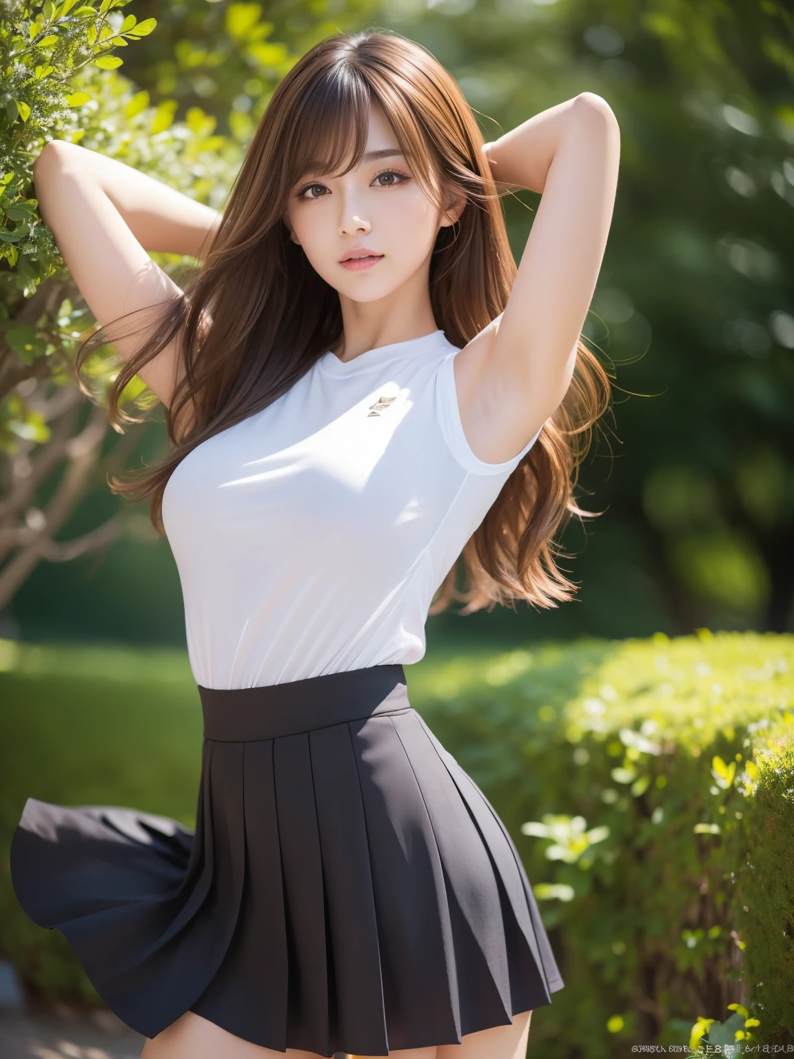 masterpiece, best quality, ultra-detailed, intricately detailed hyperdetailed, realistic, sharp features, highly detailed, sharp focus, perfect face, flexible female form, cinematic, film light, hyper realistic, high resolution, vibrant, light brown hair, asymmetrical hair, asymmetrical bangs, messy hair, attractive pose, skinny gravure idol, gravure idol, pleated skirt, windy, close up, (wearing clothes:1.3), (bright background:1.2), natural lighting, black leggings, lifting skirt, dynamic pose, active pose, char_tomoe_mami_128dim