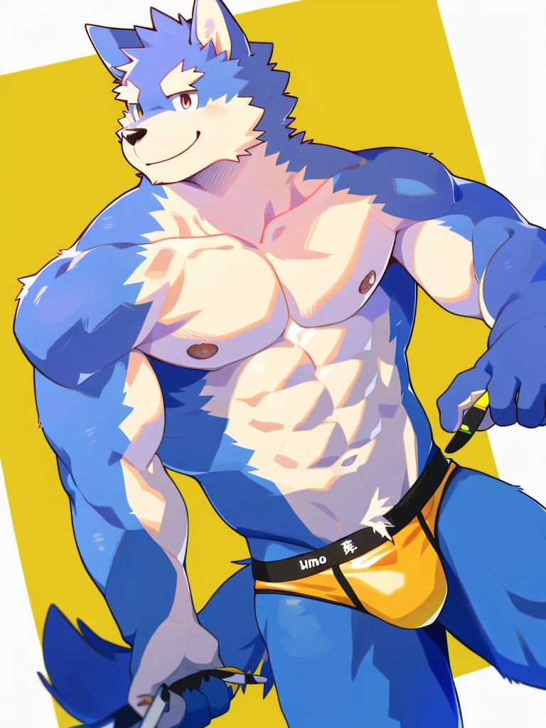 male wolf, cute face, kemono, (blue wolf), naked, himbo, smile, thong, simple background, high res, best quality, masterpiece