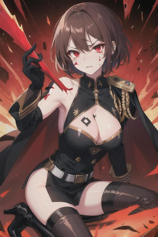 Dominant woman red eyes teardrop eye tattoo on the left eye short shoulder length brown hair army captain suit with a black cape black gloves boots with black heels expression of anger and arrogance 