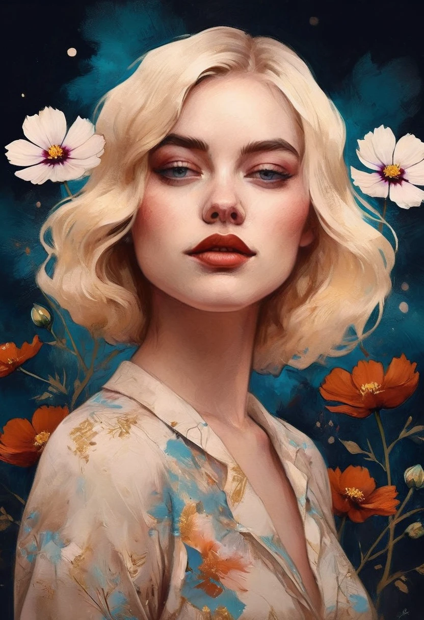 chiaroscuro technique on sensual illustration of an elegant blonde white girl , retro and vintage ,Chocolate Cosmos (Cosmos atrosanguineus) around body, matte painting, by Hannah Dale, by Harumi Hironaka, extremely soft colors, vibrant, pastel, highly detailed, digital artwork, high contrast, dramatic, refined, tonal, golden ratio, masterpiece, best quality, ultra high res, 1girl, portrait, (abstract art:1.4), (brush strokes), (colorful:1.1), bleeding blue, blue theme, visually stunning, beautiful, evocative, emotional, side view, perfect lighting, perfect shading, volumetric lighting, subsurface scattering, detailed, intricate, perfect body, stunning, gorgeous, beautiful, (beautiful face), (photorealistic:1.4),