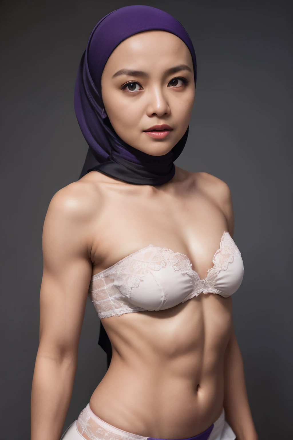 ((SHORT HIJAB)), ((Flat chest:1.7)), (dynamic photograph of a 58 year old Indonesian woman), (slim top, cotton panties), (straight non curly hair), (highly detailed face:1.4), (vascular muscles and abs:1.3), (background inside light, bright, private gym:1.1), (8k, uhd, dslr, high quality, cinematic lighting, bokeh), (dramatic, award winning photography, incredible masterpiece:1.3), (((sexy sultry stare at camera:0.8))), close up, ((she is ready to dominate you:0.5)), ((beautiful feminine face)) (she is a champion MMA fighter), add_detail:1, ((Wearing strapless pastel)) lace black & purple , from behind view, seductive pose 