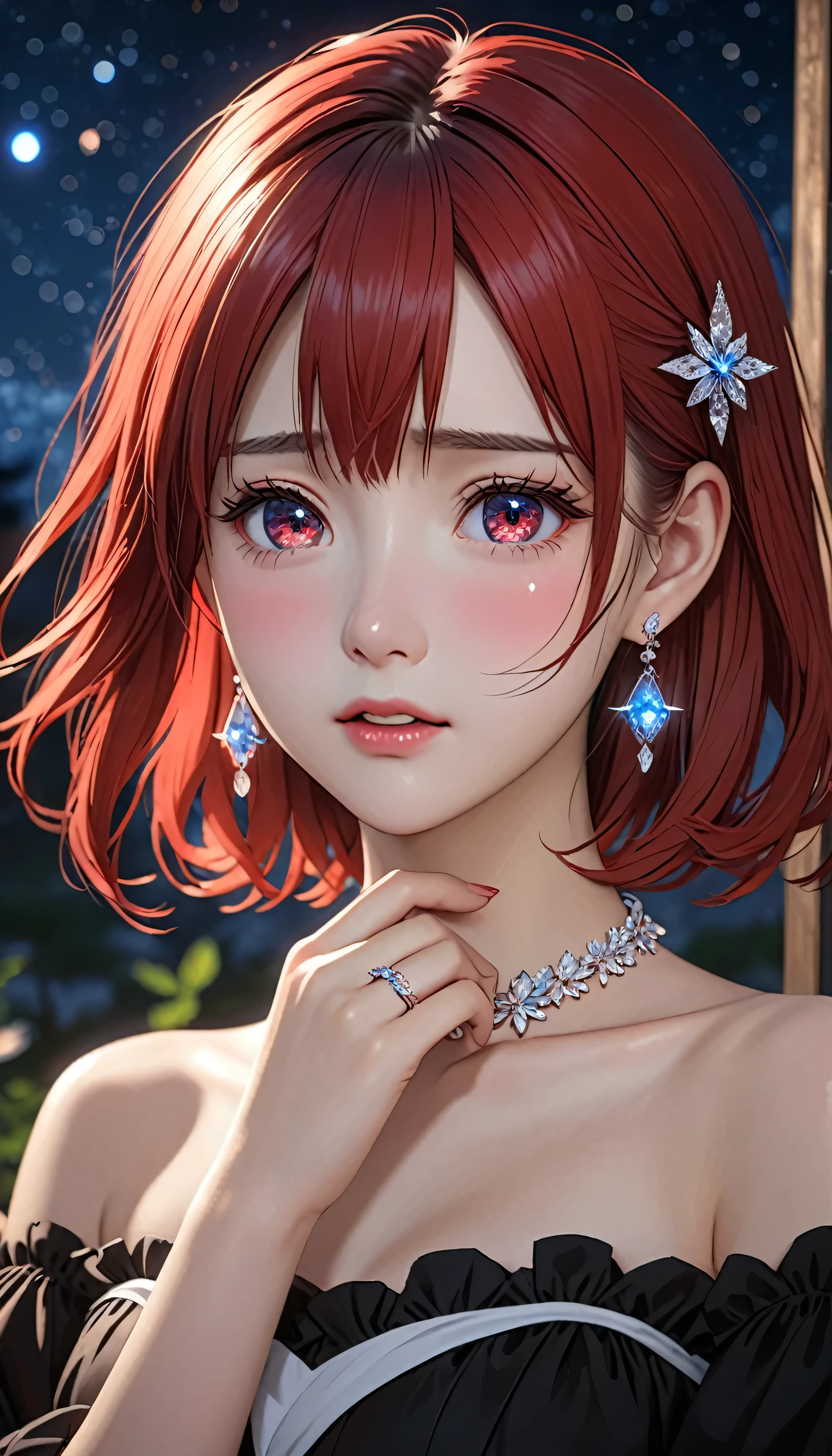 National Science Foundation,masterpiece,High resolution,8K,Art,digit,Three-dimensional,Realism,Kyoto Animation Style,your name movie style,looking into camera,Soft Light,Glowing skin,(1 female: 1.3),(alone: 1.4),(((red hair))),(black lolita),Black lolita is inlaid with dark red gemstones,(crystal hairpin),(small crystal necklace),(crystal earrings),(crystal bracelet),(Crystal ring on index finger),Long eyelashes,Slender legs,Short Bob,Close-up of upper body,Close-up,close view,Castlevania style background,(Eyes as deep as the starry sky),(open mouth),(blush),(shy),(lovely and delicate),(Pitiful),(((cry))),(((sad)))