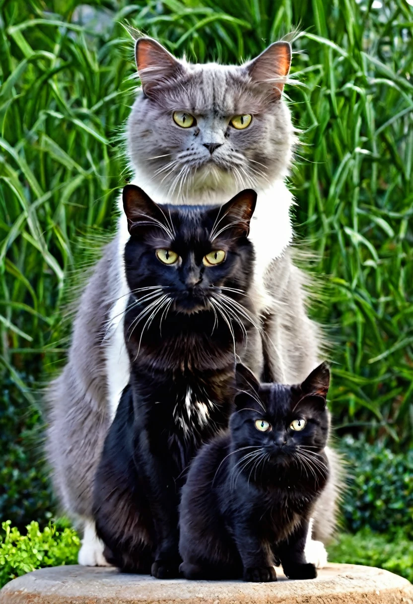 3 CATS, EACH CAT STANDS ON TOP OF ANOTHER  AND EACH HAS AN ANNOYED LOOK ON ITS FACE.