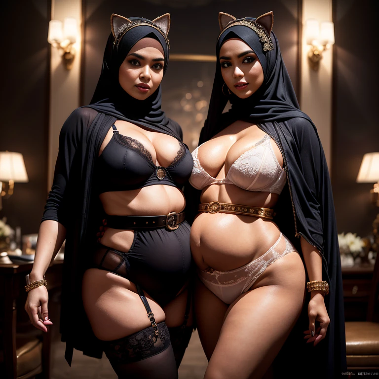 (((wearing a Sexy belt design by LV))) Setting background: 2 beverage cart, Hijab woman in a bar, night, LED Light, Blue LED, night, , Drinks 5 euros, Hijab Girls is drinking, Two:2 colourful red, pink, Bleu, green Hijab Malaysian girls pregnant 9 month,Largest Baby Bump pregnant, Largest , Big pregnant Belly, Big Pregnant girl, Largest Belly of Pregnant, Beautiful woman, beautiful face, pregnant, long hair, black hair, realistic, ultra-detailed, big breast, malay, The whole body consists of a young girl with hijab, Eye makeup, 21yo, Cat ears, Soft lighting, groups, Wear shabby clothes, Dirty, Tattered futuristic military uniform, Cat's paw badge, Pose, spot color, rendering by octane, Ultra-realistic intricate details, big breasts, big breasts, big breasts, two MAPAY women in lingerie posing for a picture in a room, oppai, posing together in bra, MIRA FILZAH and IMAN TAYORE, red bra, all red, oppai proportions, sexy :8, 4k], 4 k ], big breasts!, bottom angle, big breasts!!, Malay beauties, biomechanical oppai, fujita goro and jones, thicc, wearing hijab, hijab star, hijab gorgeous, hijab super model, Malaysian girls group,malay, The whole body consists of a young girl with hijab, Eye makeup, 21yo, Cat ears, Soft lighting, group, Wear shabby clothes, Dirty, Tattered futuristic bikini, Cat's paw badge, Pose, spot color, rendering by octane, Ultra-realistic intricate details, Cinematic, 8K resolution, 70mm, emphasis lighting, Global illumination, Full body portrait, clean detailed faces, Complex clothing, Cute face, Surreal full-body figure, Beautiful and delicate body and face, gorgeous figure, ssmile, Titillating，Surreal full-body figure，Beautiful and detailed body and face, Super vista, White skin of the, vivd colour,🔥8k, masterpiece, RAW photo, best quality, (18k detail:1.2), photorealistic, extremely, deep shadow, earrings, bracelets, necklace,
