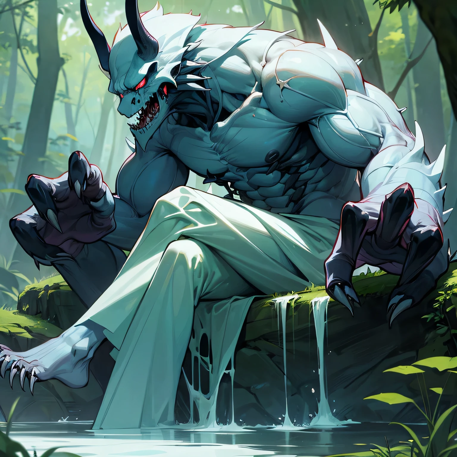 A Demonic Beast Monster with a exposed bone-made exoskeleton huge muscular arms and claws, Chilling as If he has no worries sitting in a Stone over a beatiful river in a enchanted Green forest Full of flowers, making a ironic depicture