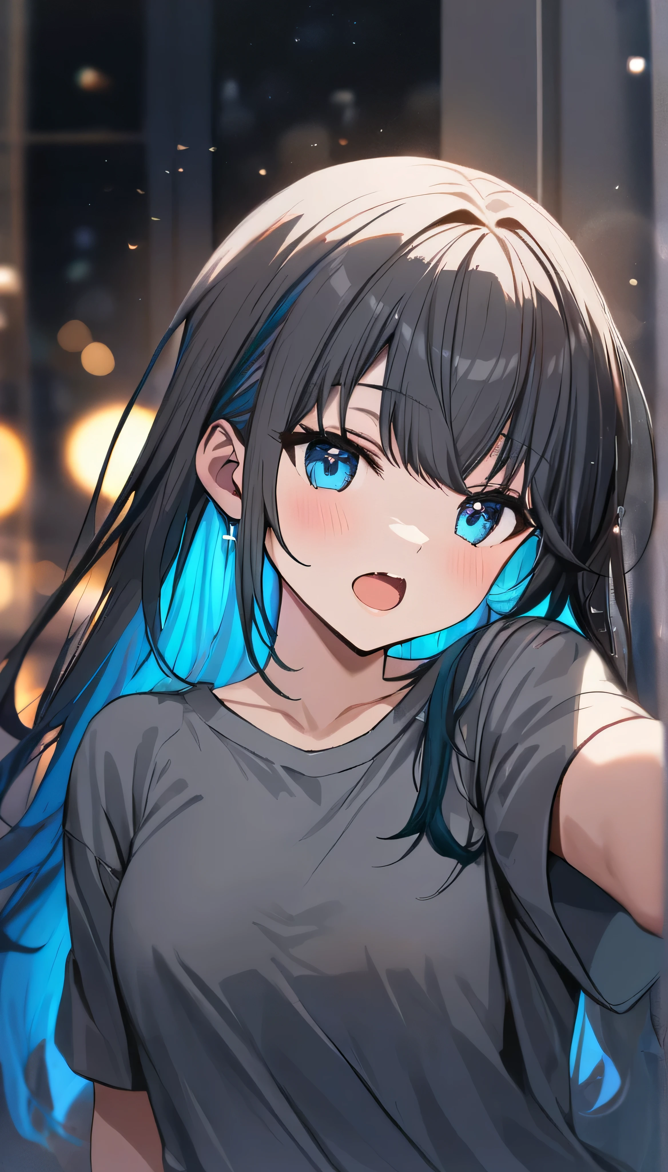 Resolution full, best quality, masterpiece, full HD, bokeh, particle bokeh, depth of field,  beautifull girl, super detailed, 1girl, cute girl, long hair, dark grey hair, cyan inner hair, beautiful bright blue eyes, medium  breast, open mouth. Grey T - shirt oversized. In abadoned hospital, dark theme