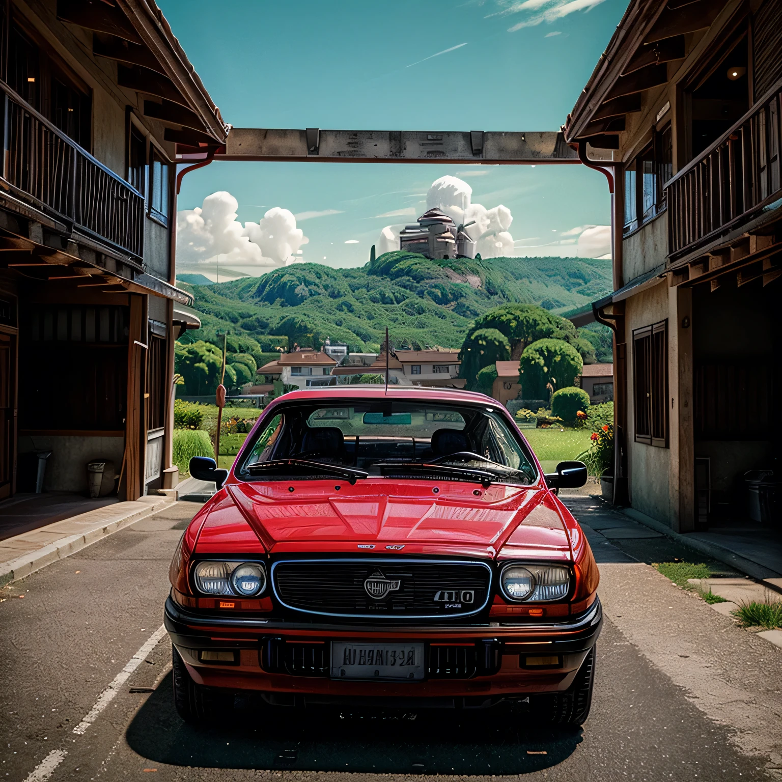/imagine prompt: Ford Sierra sedan 4 doors, 1987, red color, fhotorrealism,(((Ghibli style))), Spirited Away, Howl's Moving Castle, dreamy colour palette,