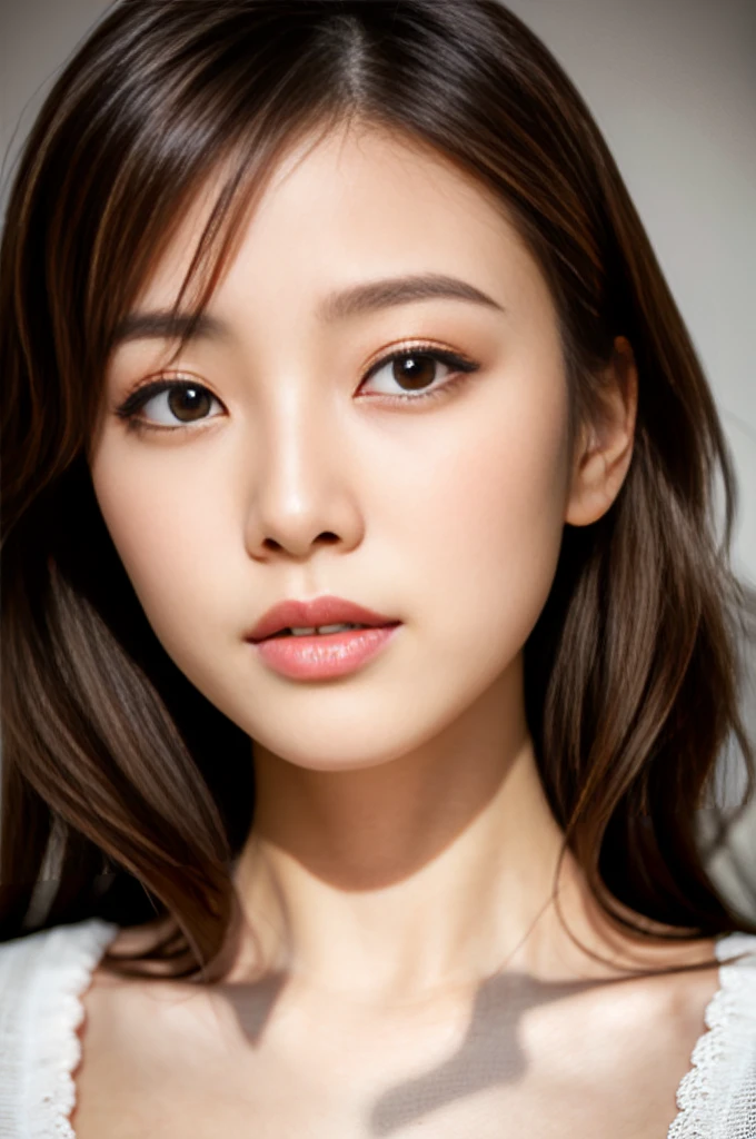 (highest quality, High resolution, masterpiece:1.3), 1 young japanese woman, Slender figure beauty, (smooth and delicate and pale skin), Small face, Bust Size F, loose curled long brunette with highlights, No makeup, Precisely expresses details such as face and skin texture, Moist eyes with dilated pupils and large irises, double eyelid, lace dress, A person in the center left and right, The whole head is shown, Professional cinematic lighting