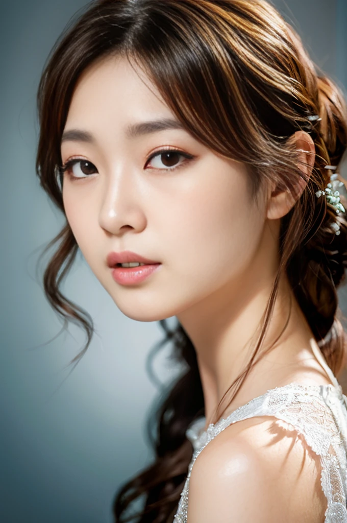 (highest quality, High resolution, masterpiece:1.3), ung japanese woman, Slender figure beauty, (smooth and delicate and pale skin), Small face, Bust Size F, loose curled long brunette with highlights, No makeup, Precisely expresses details such as face and skin texture, Moist eyes with dilated pupils and large irises, double eyelid, lace dress, A person in the center left and right, The whole head is shown, Professional cinematic lighting