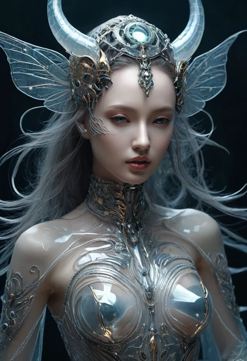 bioMechanical style Ultra detailed illustrations, Phantom Magical Creatures, (Translucent skin: 1.5), (with translucent body: 1.5) Ms. Schiff's Art, Neon, Light Particles, color, cmyk color, Backlight, Cyberpunk, close up, Mechanical, (whole body: 1.9), Dark background, View from top to bottom. blend of organic and Mechanical elements, Futurism, Cybernetic, detailed, complicated,Selective focusing, Miniature effect, Blurred background, highly detailed, Full of energy, View control,(Rich color:1.6),Crab