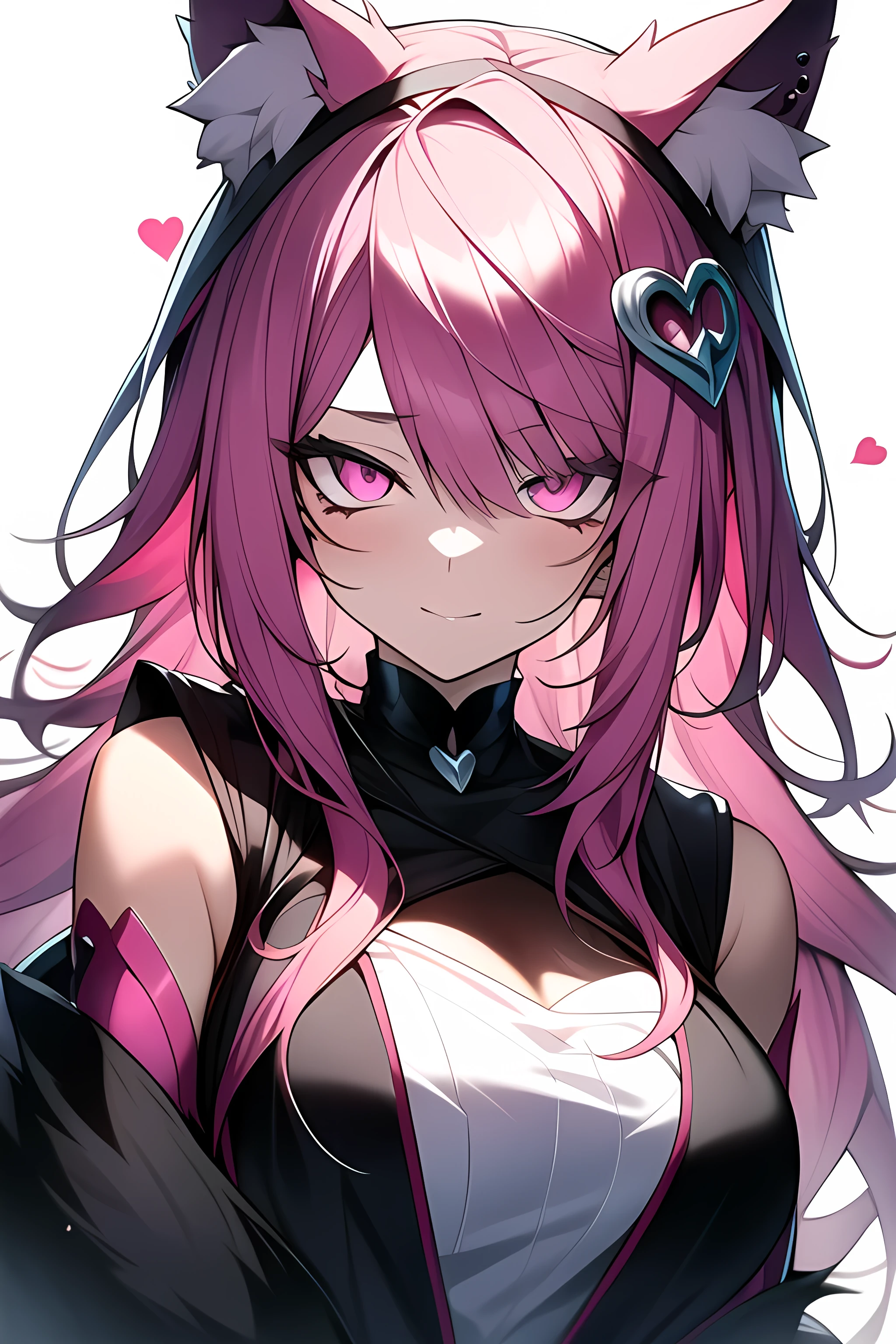 absurdres, (Personification of a wolf:1.2),a girl with pink hair and piercings on her ears and eyes with hearts and hearts around her eyes, official art,