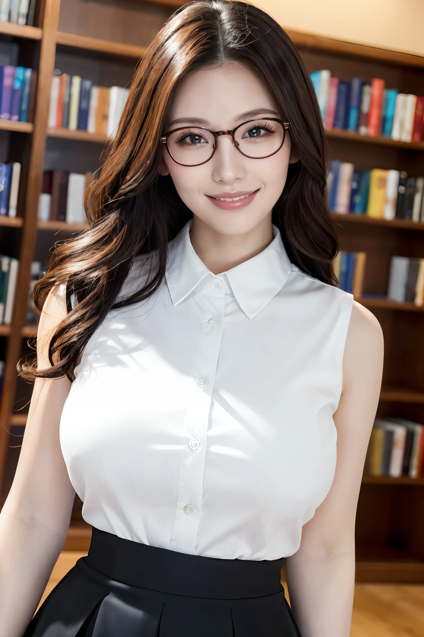 (highest quality、Tabletop、8k、Award-winning works、Ultra-high resolution、Best image quality)、One beautiful woman、(White polyester sleeveless collared blouse:1.2)、(Elegant black tight skirt:1.1)、(Huge breasts:1.1)、The most beautiful smile is looking at me、laughing out loud, Show off your beautiful teeth、(Elegant round glasses:1.2)、Beautiful and elegant very long wavy hair、library、(Standing Elegantly:1.1)、(Strongly blurred background:1.1)、Stand next to a bookshelf、(Perfectly organized bookshelf:1.1)、Bookshelf in the background、居心地の良いlibrary、lipstick、Long eyelashes、Heavy makeup、Perfect Makeup、Colored contact lenses、Accentuate your body lines、Big ample breasts、Soft and warm lighting、Detailed bookshelf、(Ultra-high resolutionの正確な美しい髪:1.1)、(Accurate anatomy:1.2)、Ultra-high definition beautiful eyes、Ultra-high definition beautiful teeth、(Super bright and radiant skin:1.1)