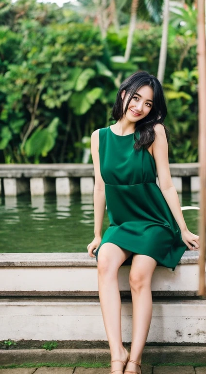 1 Japan Girl, alone ,masterpiece, Highest_quality, photo shoot, looking at the camera, Young people , Happy expression, (Porcelain-like skin), Brown eyes, (Black Hair), (Messy Hair), Green Dress, jeans, White skin, night, Bali background, standing with legs bent, Instagram Trends
