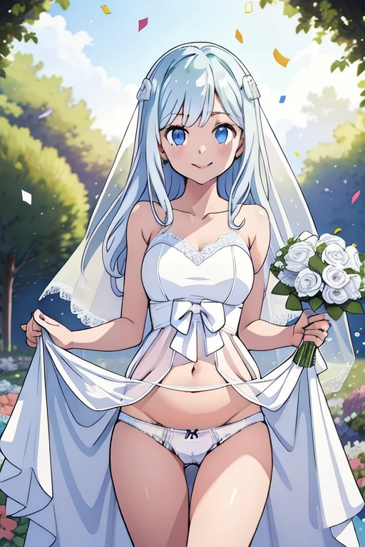 masterpiece, best quality, highres, wedding dress, white dress, garden, holding bouquet, confetti,Shoulder Bare、midriff peek、bare legs、very long veil、(She showed off her white panties:1.5)、((Glowing Skin:1.2))、cameltoe、smile、（Izumi Sagiri:1.5), Detailed eyes