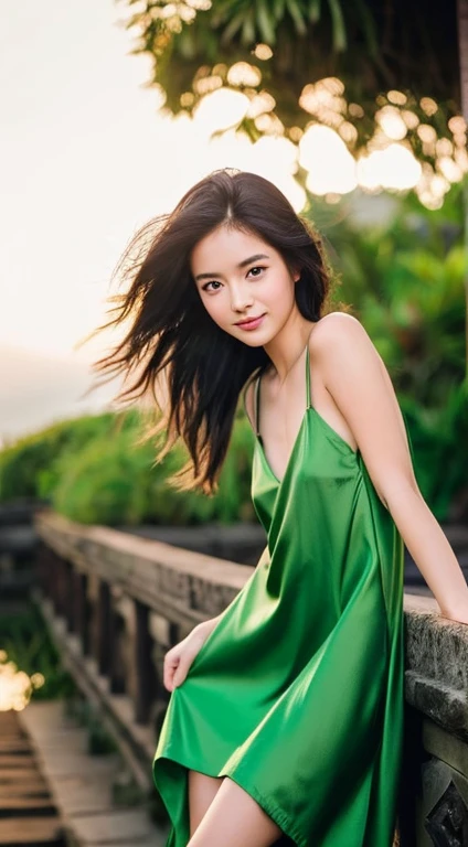 1 Japan Girl, alone ,masterpiece, Highest_quality, photo shoot, looking at the camera, Young people , Happy expression, (Porcelain-like skin), Brown eyes, (Black Hair), (Messy Hair), Green Dress, jeans, White skin, night, Bali background, standing with legs bent, Instagram Trends