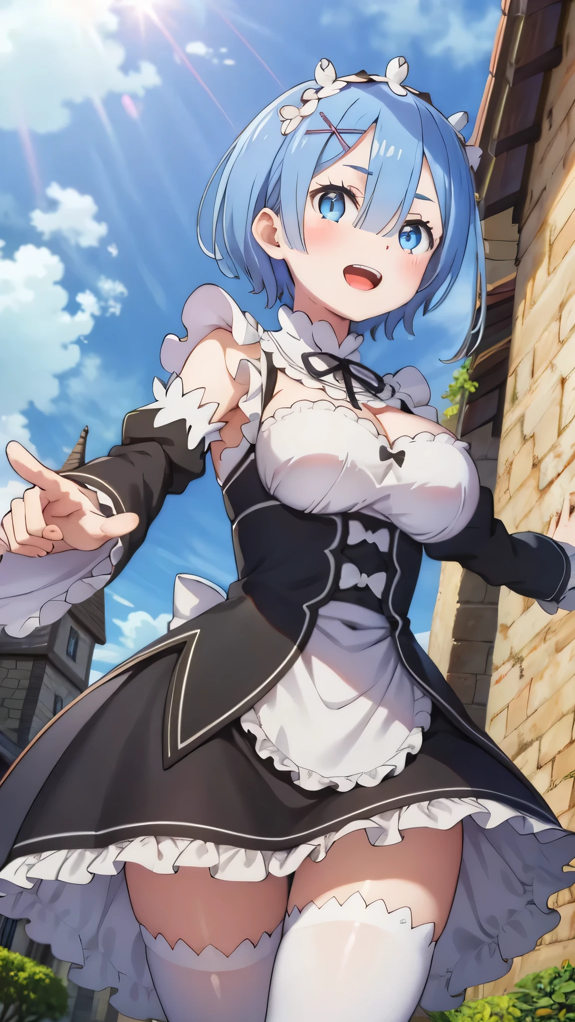 {{{masterpiece}}}, {{{best quality}}}, {{ultra-detailed}}, {illustration}, {{an extremely delicate and beautiful}}, 8k, NSFW, rem (re:zero), phRem, 1girl, blue hair, hair over one eye, blue eyes, hair ornament, x hair ornament, maid, blush, roswaal mansion maid uniform, big breasts, detached sleeves, black sleeves, black ribbon, white thighhighs, black skirt, zettai ryouiki, looking at viewer, BREAK, Medieval Europe A blue-haired maid is smiling with her arms outstretched against a building in the background, outstretched arms, open mouth, day, under the sunlight ,from below,sky