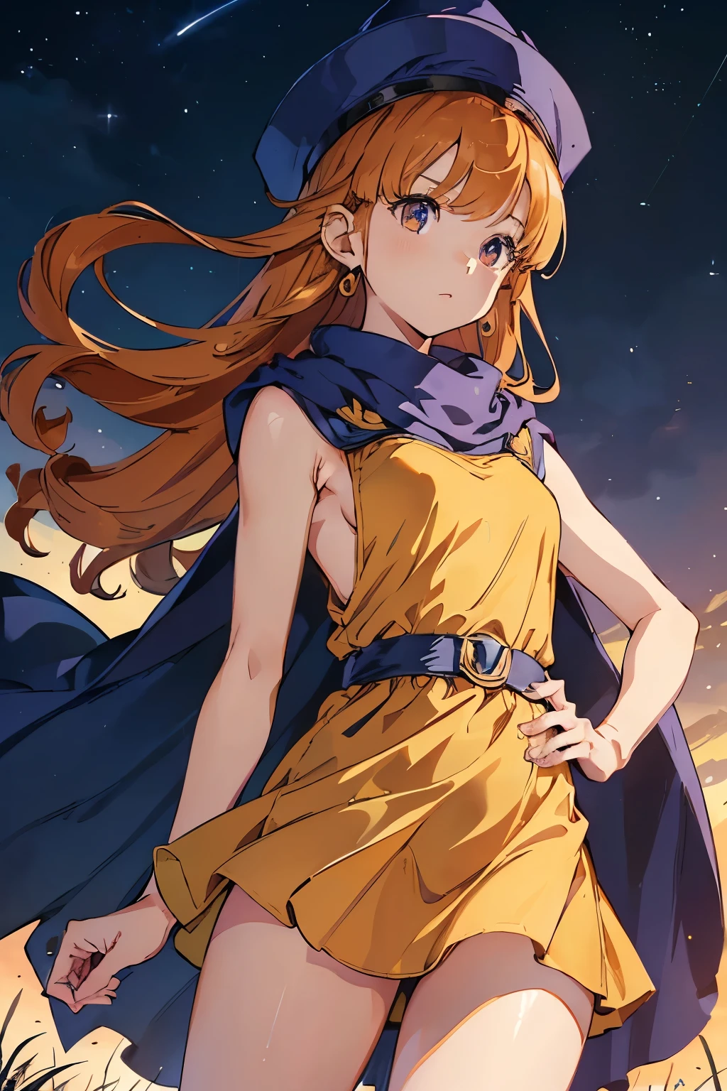 1 girl、High resolution、masterpiece、(alena-dq4、DQ4-ALENA、Orange straight hair)、Short stature、Thin thighs、Thin legs、Small shoulders、slender、Muscular、(hat、Open dress、Cape、Big slit、No underwear、Underarm、The flanks are visible、Sideboob)、Night Grassland