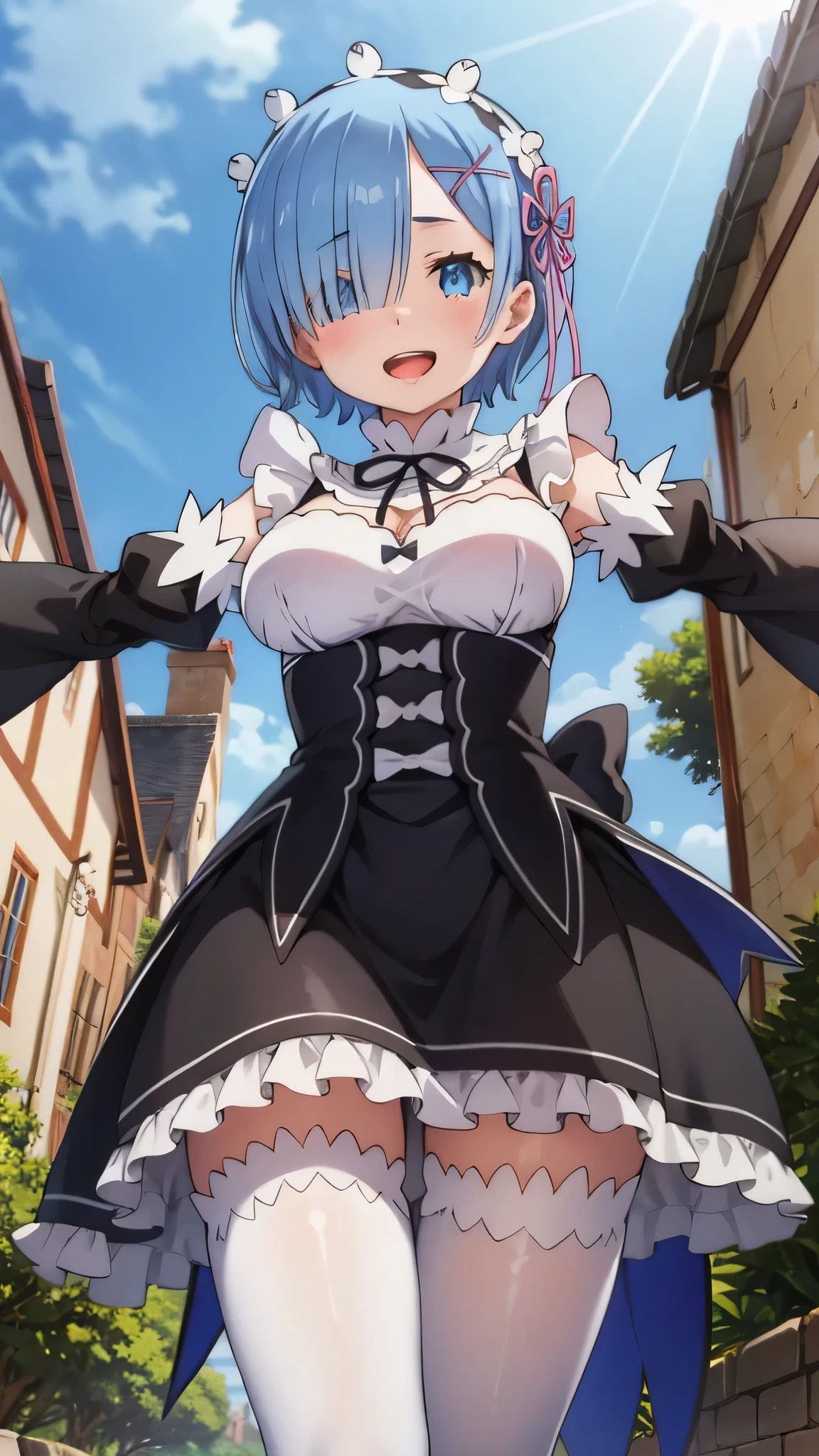 {{{masterpiece}}}, {{{best quality}}}, {{ultra-detailed}}, {illustration}, {{an extremely delicate and beautiful}}, 8k, NSFW, rem (re:zero), phRem, 1girl, blue hair, hair over one eye, blue eyes, hair ornament, x hair ornament, maid, blush, roswaal mansion maid uniform, big breasts, detached sleeves, black sleeves, black ribbon, white thighhighs, black skirt, zettai ryouiki, looking at viewer, BREAK, Medieval Europe A blue-haired maid is smiling with her arms outstretched against a building in the background, outstretched arms, open mouth, day, under the sunlight ,from below,sky