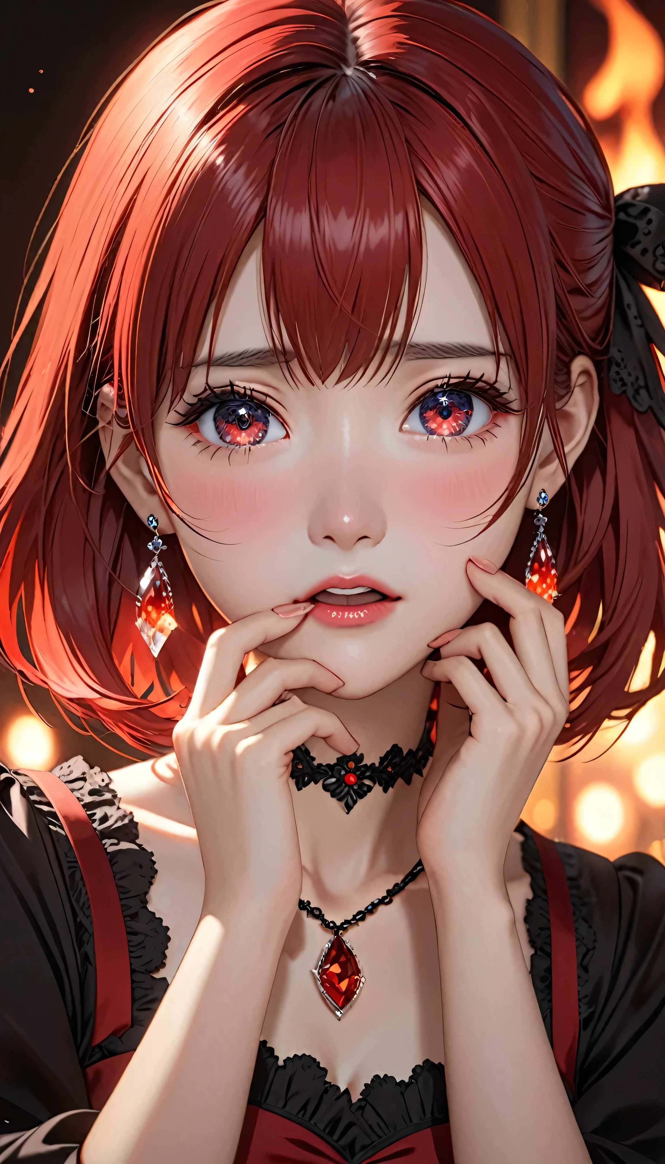 National Science Foundation,masterpiece,High resolution,8K,Art,digit,Three-dimensional,Realism,Kyoto Animation Style,your name movie style,looking into camera,Soft Light,Glowing skin,(1 female: 1.3),(alone: 1.4),(((red hair))),(Gorgeous black lolita),Black Lolita is inlaid with dark red gems,(crystal hairpin),(small crystal necklace),(crystal earrings),(crystal bracelet),(Crystal ring on index finger),Long eyelashes,Slender legs,Short Bob,Close-up of upper body,Close-up,close view,Castlevania style background,(Eyes as dark red as flames),(open mouth),(blush),(shy),(lovely and delicate),(Pitiful),(((cry))),(((sad)))