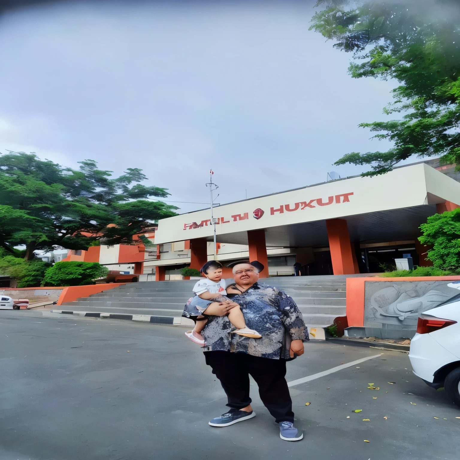 there is a man holding a in front of a building, museum photoshot, potrait, haris nukem, museum background, hospital in background, batik, protrait, taken with sony alpha 9, old picture, full protrait, at the museum, happy family, touring, inspired by Bohumil Kubista, foto, museum quality photo