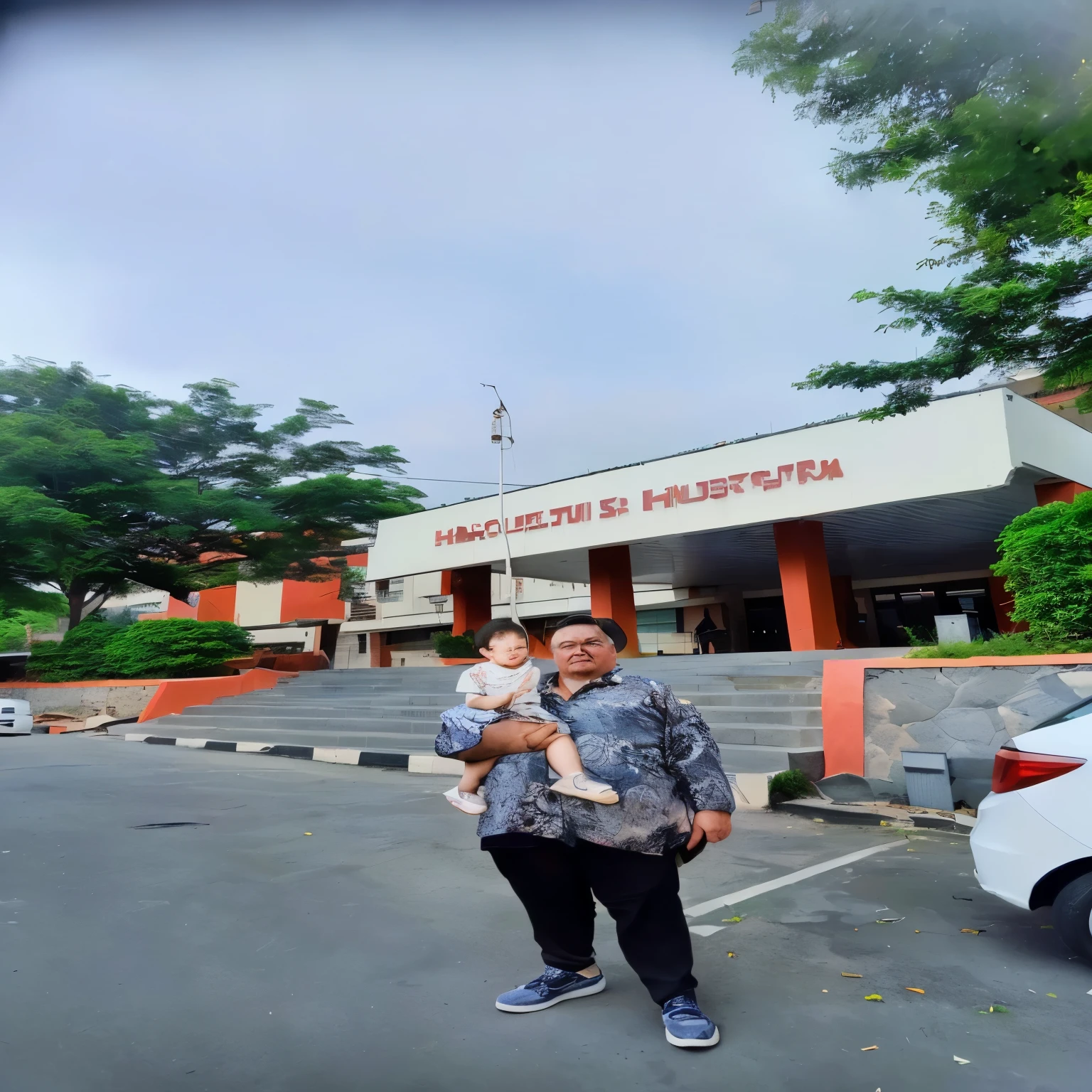 there is a man holding a  in front of a building, museum photoshot, potrait, haris nukem, museum background, hospital in background, batik, protrait, taken with sony alpha 9, old picture, full protrait, at the museum, happy family, touring, inspired by Bohumil Kubista, foto, museum quality photo
