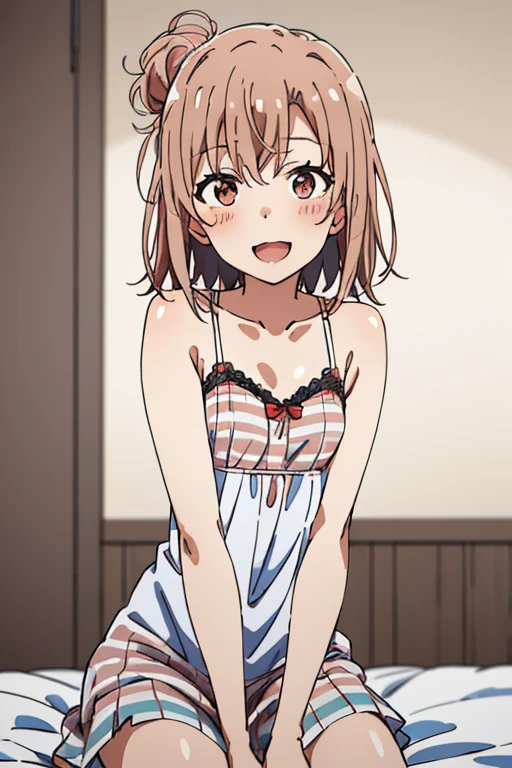 ((highest quality)), ((masterpiece)), (be familiar with), Perfect Face, indoor, Bedroom, Watching the audience,
One woman, Yuigahama Yui,
Open Mouth, Ecstatic expression, blush, smile,
Small breasts, Flat Chest, Young Girl, , , Girl,
Short Hair, Salmon-colored hair, Salmon-colored eyes, Side Pony,
Leg spread,