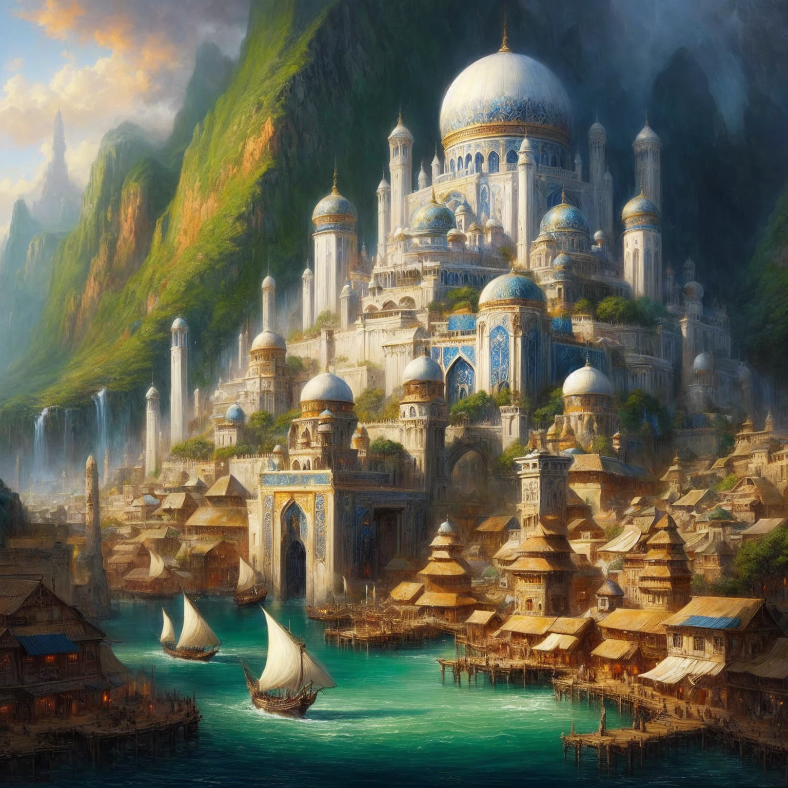 Meisterwerk, best quality, (extrem detailliertes CG Unity 8k-Hintergrundbild), (best quality), (beste Illustration), (bester Schatten), absurdesten, realistische Beleuchtung, (Abgrund), beautiful, detailliertes Leuchten, a painting of a large white building with a blue dome, the Stadt von Atlantis, Stadt von Atlantis, Fantasie-Hauptstadt, Hintergrund der Renaissance-Hafenstadt, aufwendiges Matte Painting, Atlantis-Stadt, by Johfra Bosschart, Fantasie-Stadtbild, Fantasie-Matte-Painting,Niedlich, Detaillierte Fantasy-Kunst, highly Detaillierte Fantasy-Kunst, atemberaubende Fantasy-Kunst, beautiful detailed fantasy, erstaunlich exquisites Matte Painting