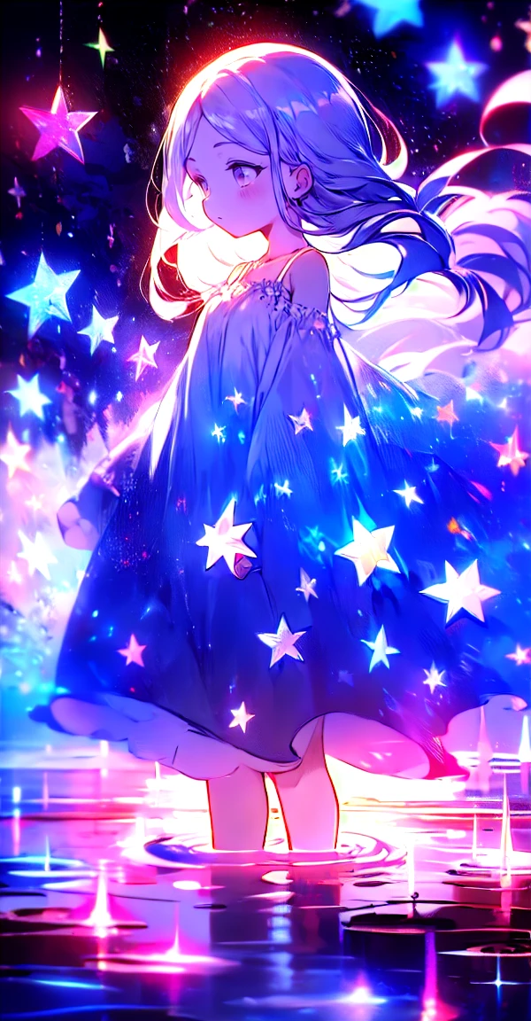 xcdd, dress, water遊び, star, water, null, night, Shine, Shine, star, night null, Backlight, Particles of light, Floating Hair,, Absurd, ultra detailed, masterpiece, highest quality, beautiful, detailed,, Severe, One girl, (White eyes:1.1), (Grey Eyes:1.3), Gray Hair, Very long hair, Parted hair, Parted bangs, Medium chest,