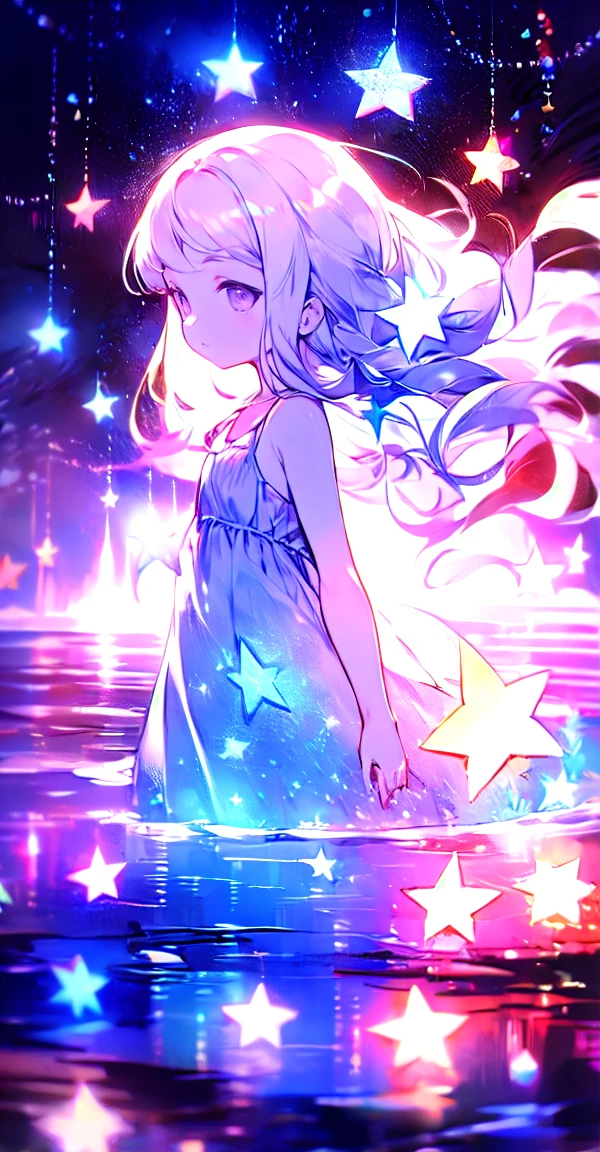 xcdd, dress, water遊び, star, water, null, night, Shine, Shine, star, night null, Backlight, Particles of light, Floating Hair,, Absurd, ultra detailed, masterpiece, highest quality, beautiful, detailed,, Severe, One girl, (White eyes:1.1), (Grey Eyes:1.3), Gray Hair, Very long hair, Parted hair, Parted bangs, Medium chest,