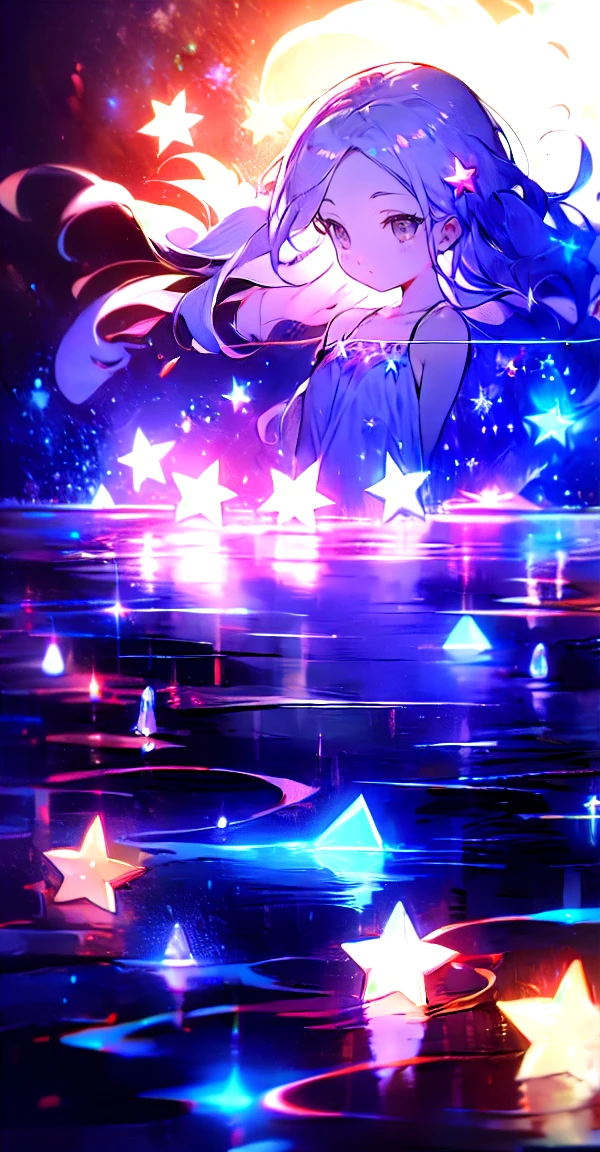 xcdd, dress, water遊び, star, water, null, night, Shine, Shine, star, night null, Backlight, Particles of light, Floating Hair,, Absurd, ultra detailed, masterpiece, highest quality, beautiful, detailed,, Severe, One girl, (White eyes:1.1), (Grey Eyes:1.3), Gray Hair, Very long hair, Parted hair, Parted bangs, Medium chest,