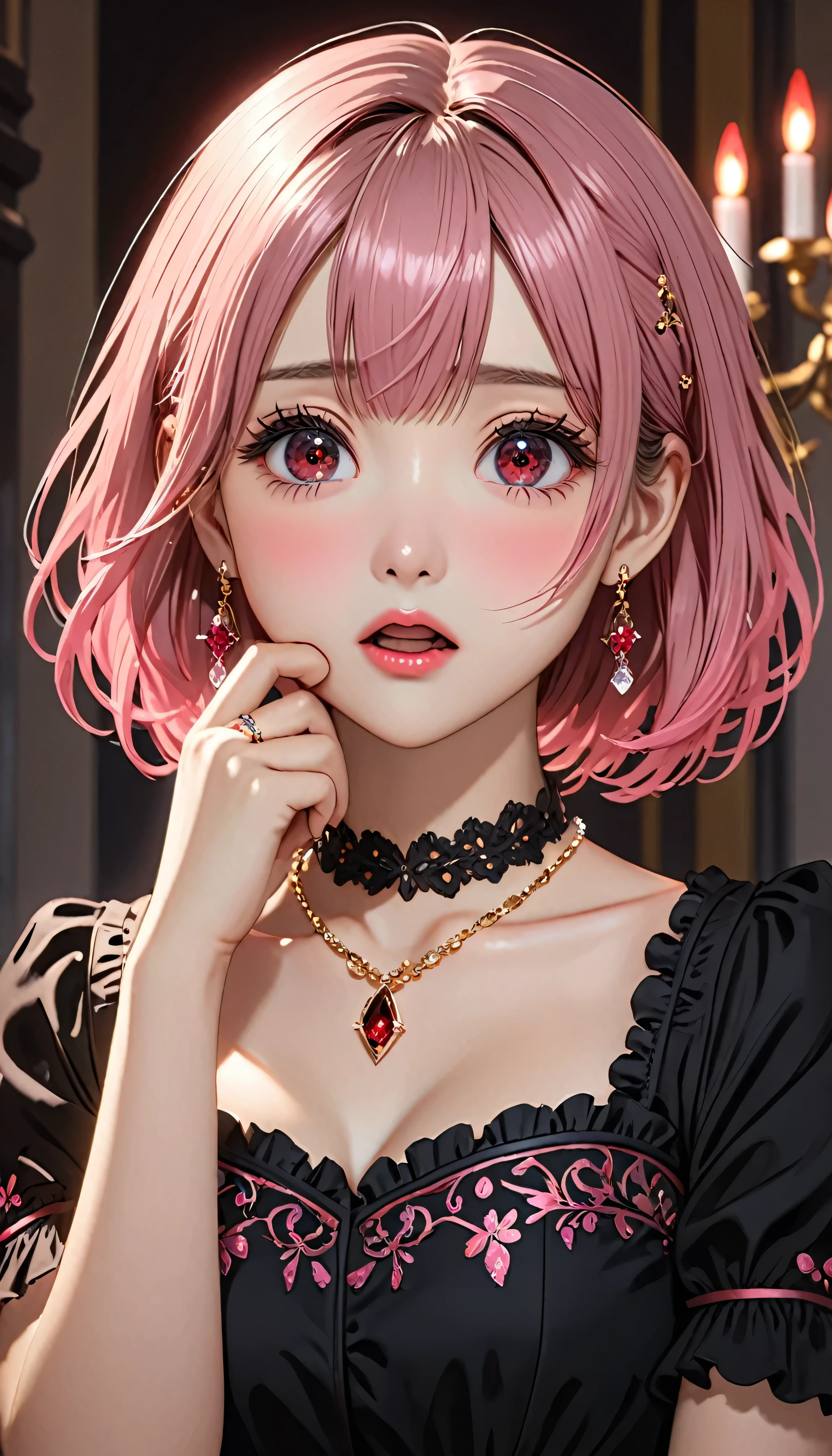 National Science Foundation,masterpiece,High resolution,8K,Art,digit,Three-dimensional,Realism,Kyoto Animation Style,your name movie style,looking into camera,Soft Light,Glowing skin,(1 female: 1.3),(alone: 1.4),(((gold and pink,Ombre hair))),(Gorgeous black lolita),Black Lolita is inlaid with dark red gems,(crystal hairpin),(small crystal necklace),(crystal small earrings),(crystal bracelet),(Crystal ring on index finger),Long eyelashes,Slender legs,Short Bob,Close-up of upper body,Close-up,close view,In the gothic castle,(dark red eyes),(open mouth),(blush),(shy),(lovely and delicate),(Pitiful),(((surprised)))